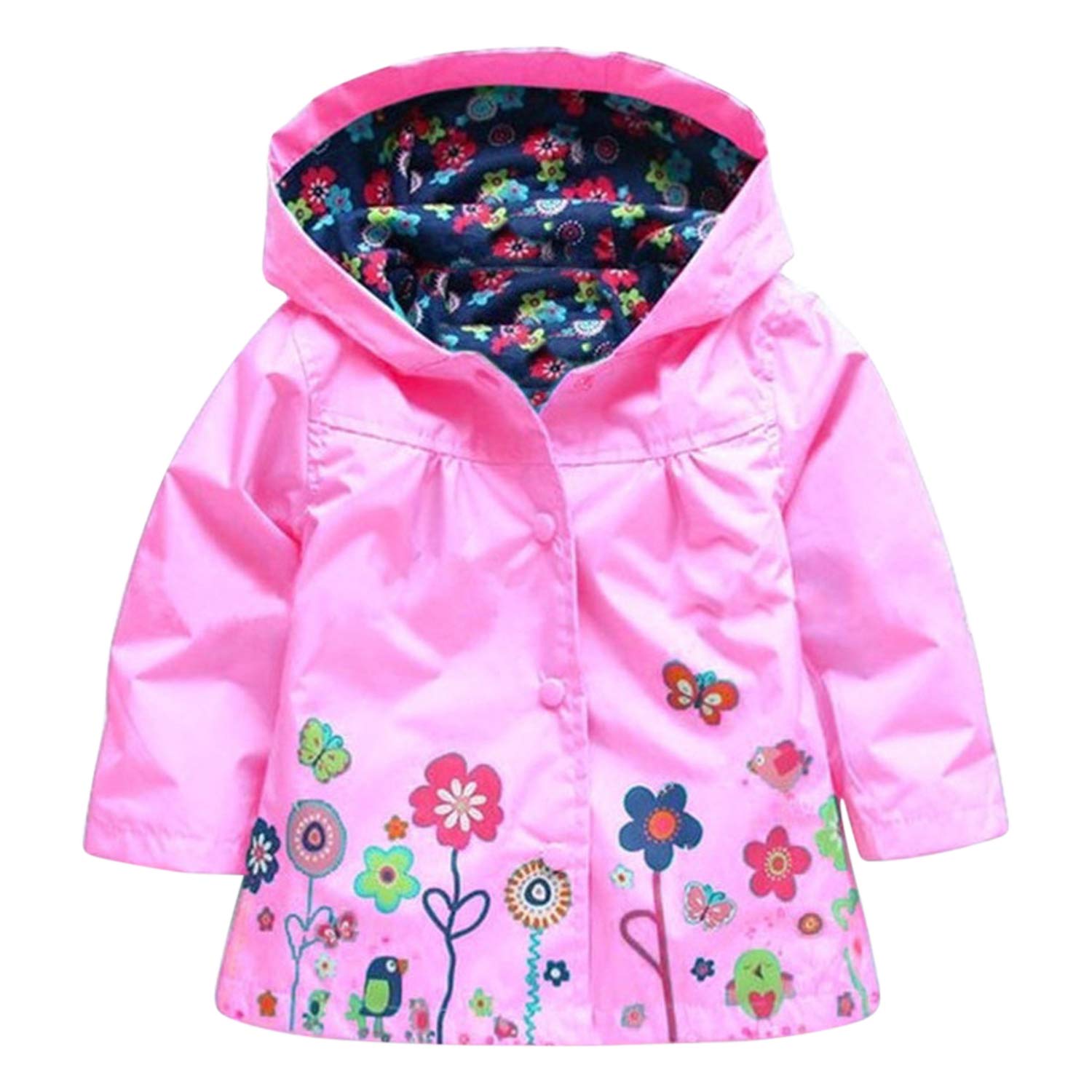 Evelin Lee Women's Pink Baby Girls Waterproof Jacket Floral Printed Hooded Raincoat Windproof Outwear, 18-24 Months
