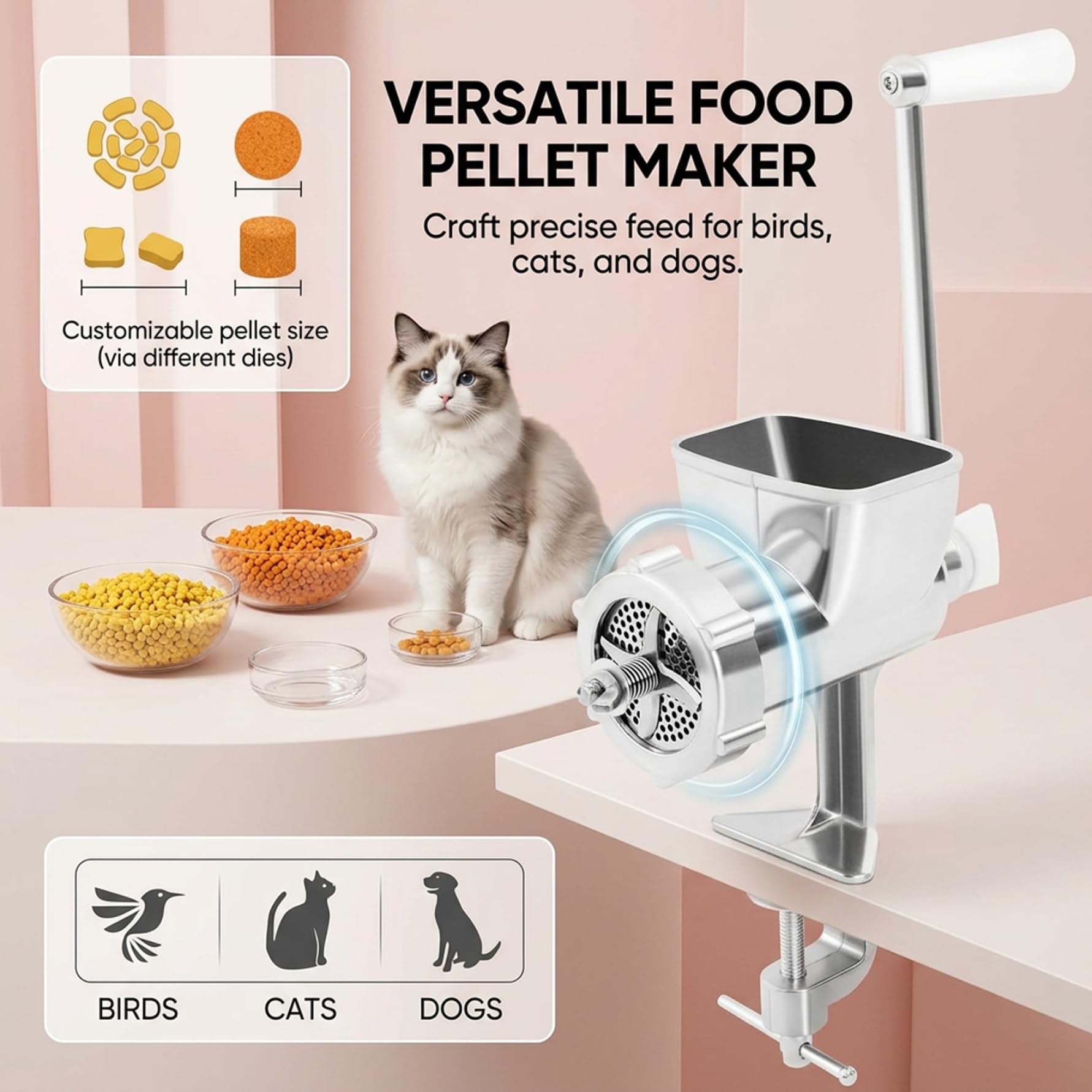 Macchina per mangime a Pellet, Macchina per Alimenti per Animali Domestici in Acciaio Inossidabile con 4 Lame e 1 Piastra a Pellet, Mulino Regolabile per Cani Fatti in casa, Gatti, Uccelli
