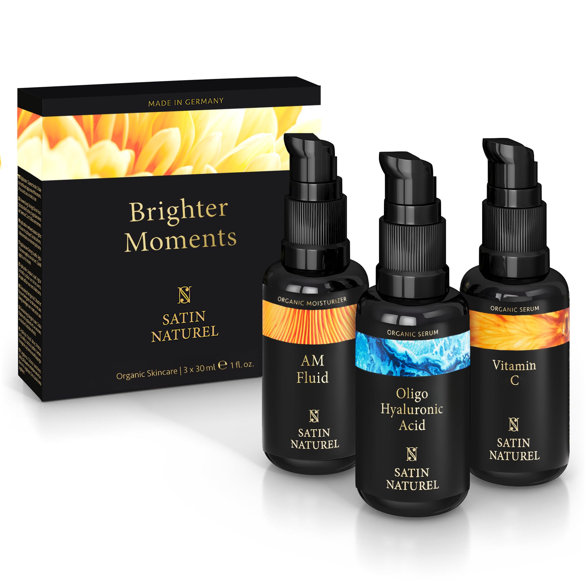 Satin Naturel Geschenkset für Frauen – 3x30ml Wellness Beauty Set mit Vitamin C Serum, Hyaluronserum & Beauty Fluid mit Ceramiden auf Bio Aloe Vera