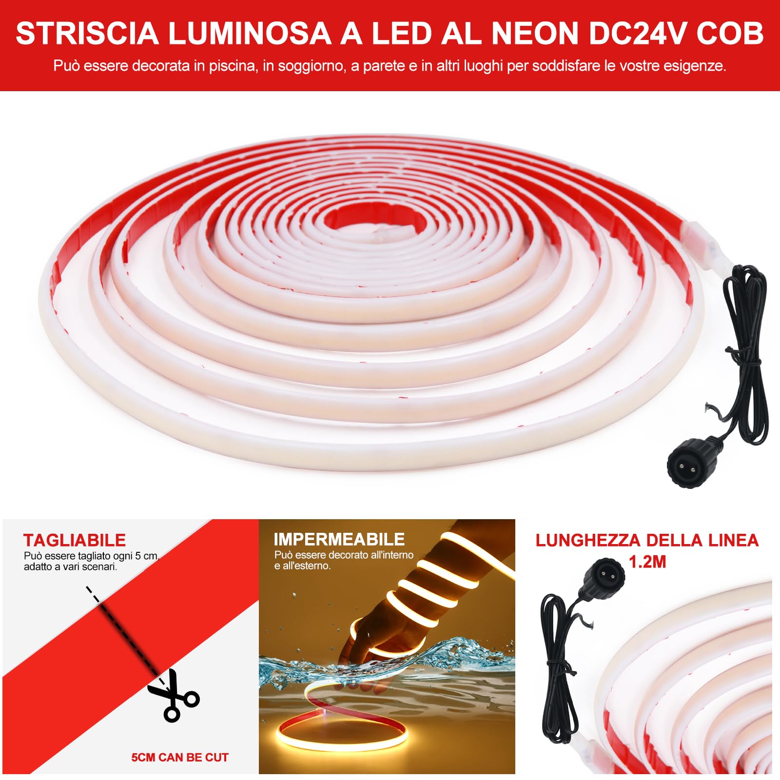 Strisce Led Solari 24V per Esterni, Alta Luminosità Con 320 Led/m, 8 Modalità, Impermeabile, Batteria 7200mah, Ideali per Giardino, Cortile e Balcon (Colori caldi, 10M)