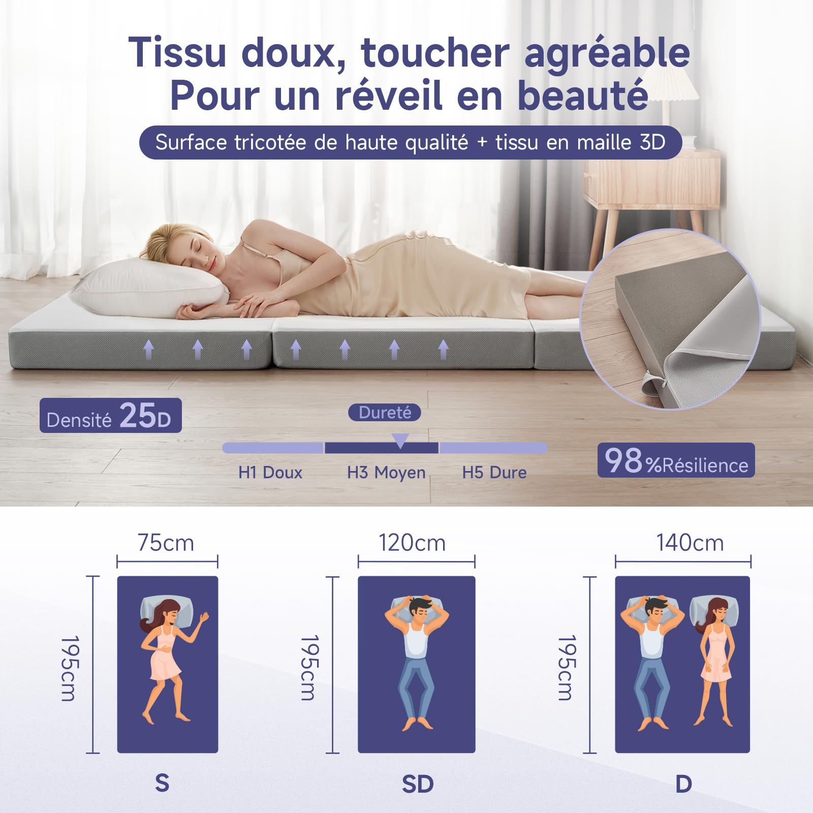 Z-hom Matelas Pliable 75 x 195 x 10 cm, Housse Souple Oeko-TEX, lit d'appoint Matelas, Matelas de Sol, Éponge Haute densité, dureté H3, Blanc+Gris
