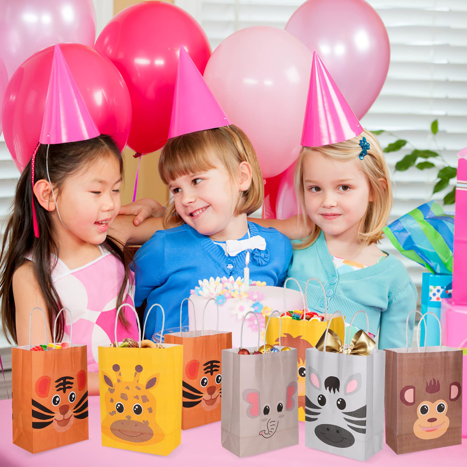 Operitacx 24 Sacchetti Regalo in Carta Kraft Manici, Decorazione Animali per Feste di Compleanno Bambini, Formato Medio 21x15x8cm, Shower e Ringraziamenti