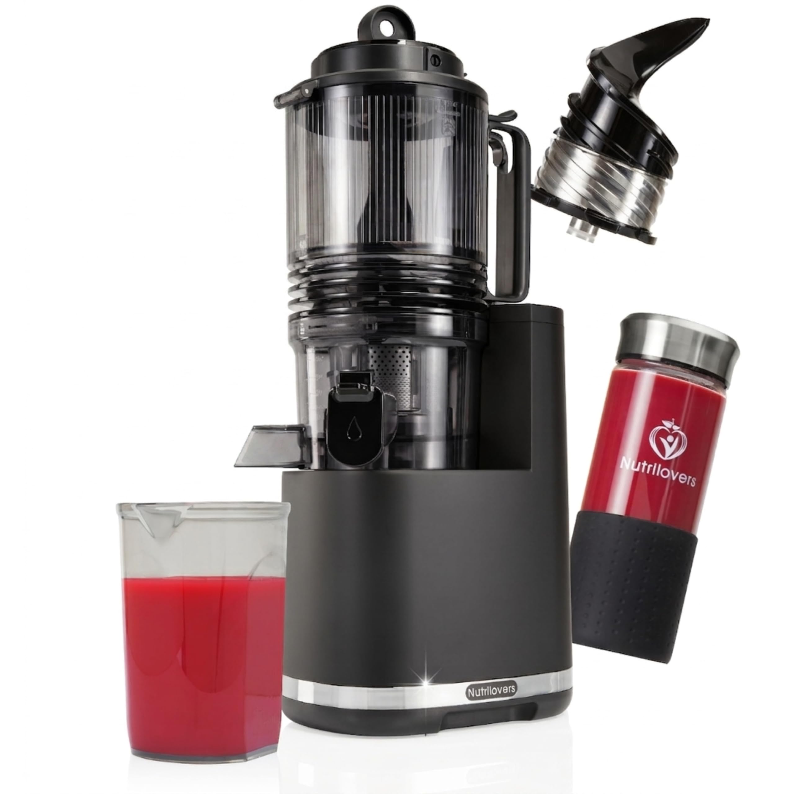 Nutrilovers Licuadora de Prensado en Frío NUTRI-PRESS MAX+, Extractor de Zumo para Frutas Enteras, Boca XXL de 150 mm, Sin BPA