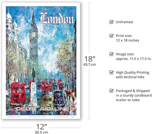 Miniatura 2 de Londres Inglaterra - Delta Air Lines - Big Ben Elizabeth Tower - Póster vintage de viaje de aerolínea por Jack Laycox c.1970s - Impresión artística