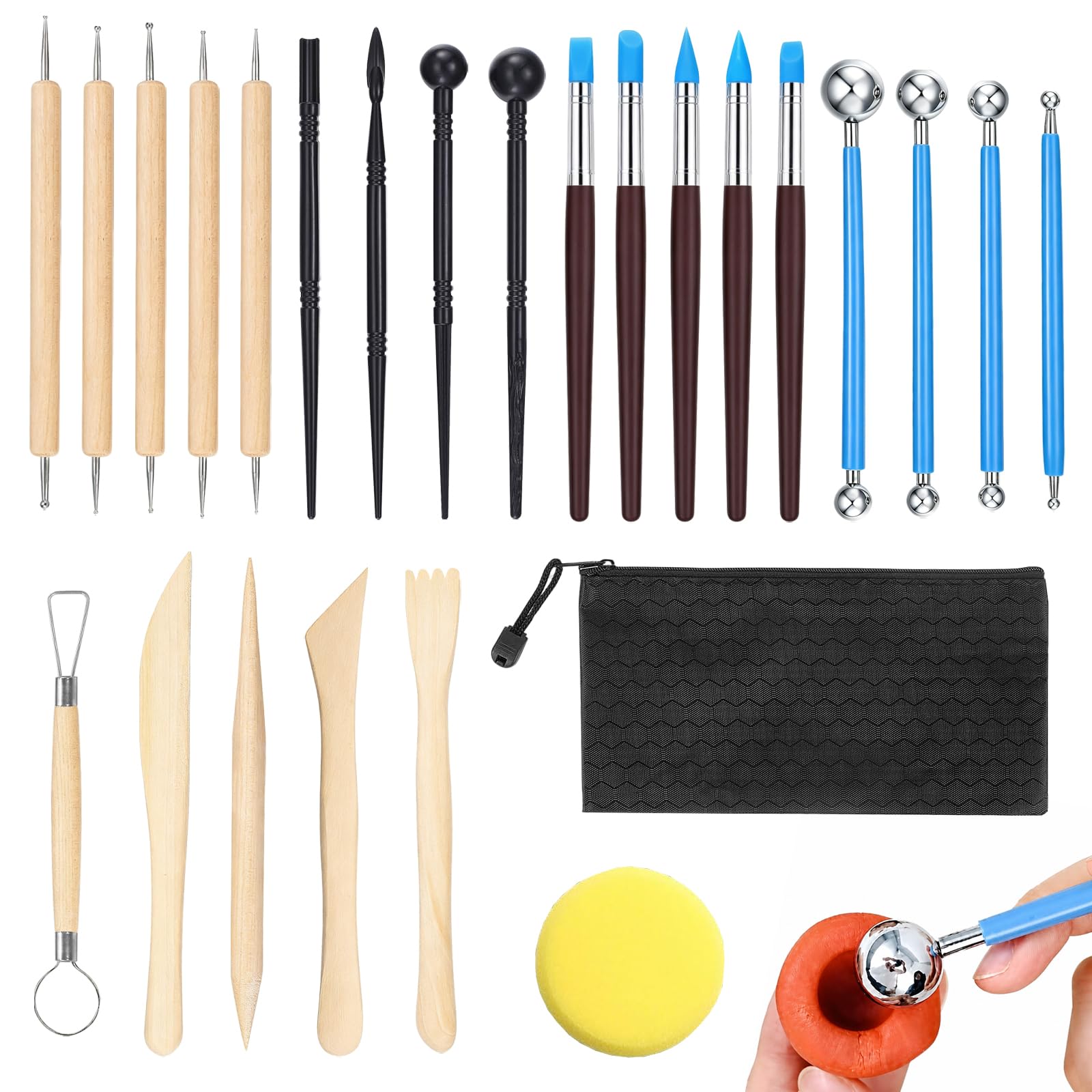 Quelcc 25 Pcs Clay Sculpting Tools, Ball Stylus Dotting Tools, Polymer Clay Tools, Modeling Clay Tools Set, with a Storage Bag, Ceramic Sculpting Tools for Engraving, Embossing Art DIY, Shaping