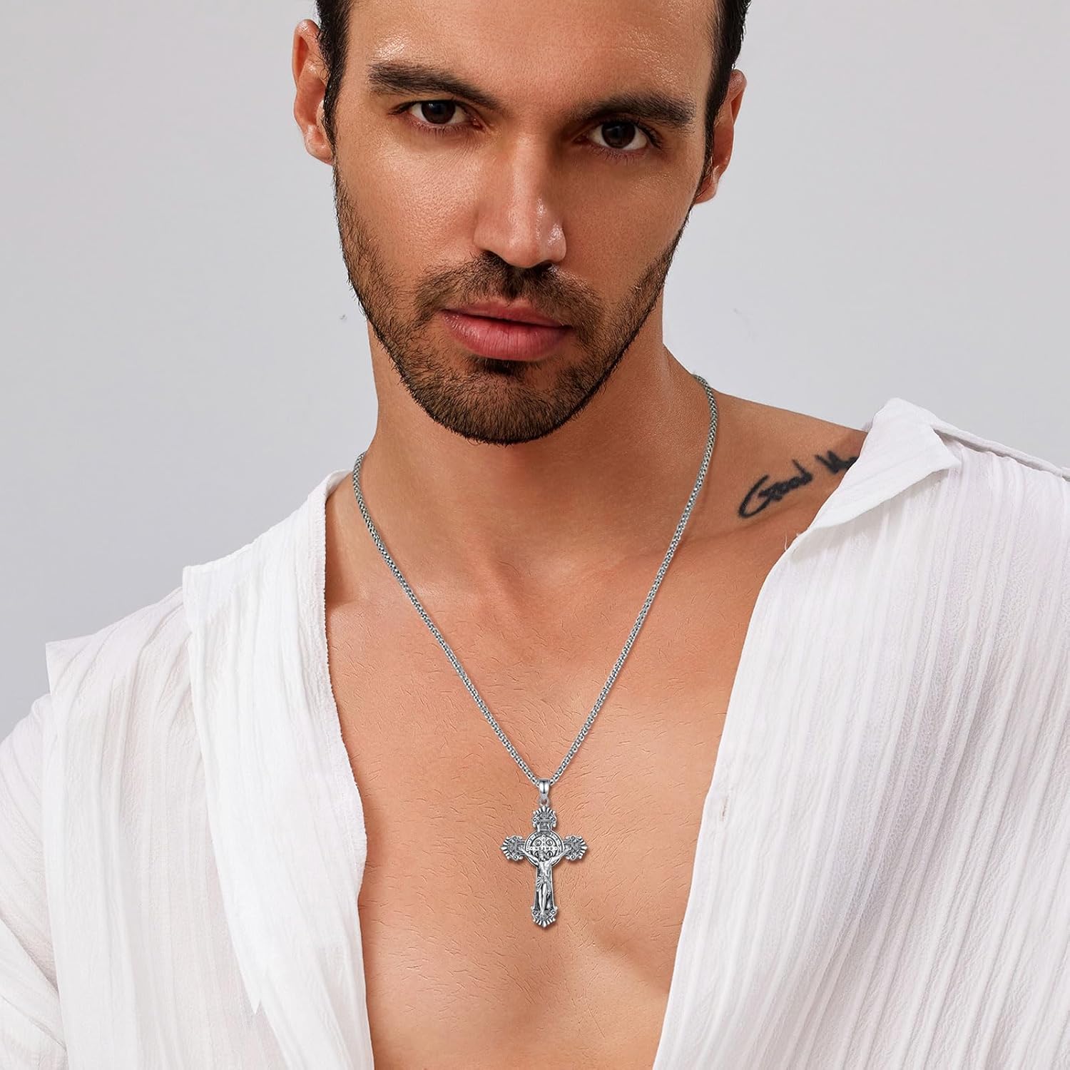 EUDORA 925 Sterling Silver St Benedict/St Michael/St Christopher/Archangel Raphael Gabriel Metatron/Virgin Mary/St Joseph/St Anthony Crucifix Pendant Bible Verse Prayer Necklace Jewelry for Men Women - Image 6