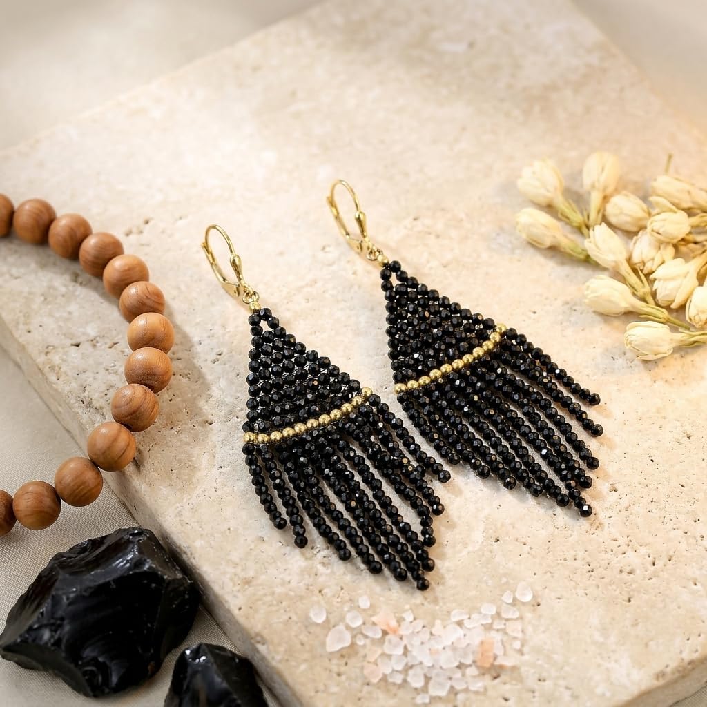 925 Sterling Silver Plated Black Spinel Beaded Earrings with Gold Plated Brass Balls | Natural Gemstone Statement Earrings for Women | Designer Jewelry Gift for Her | 58.53 Cts