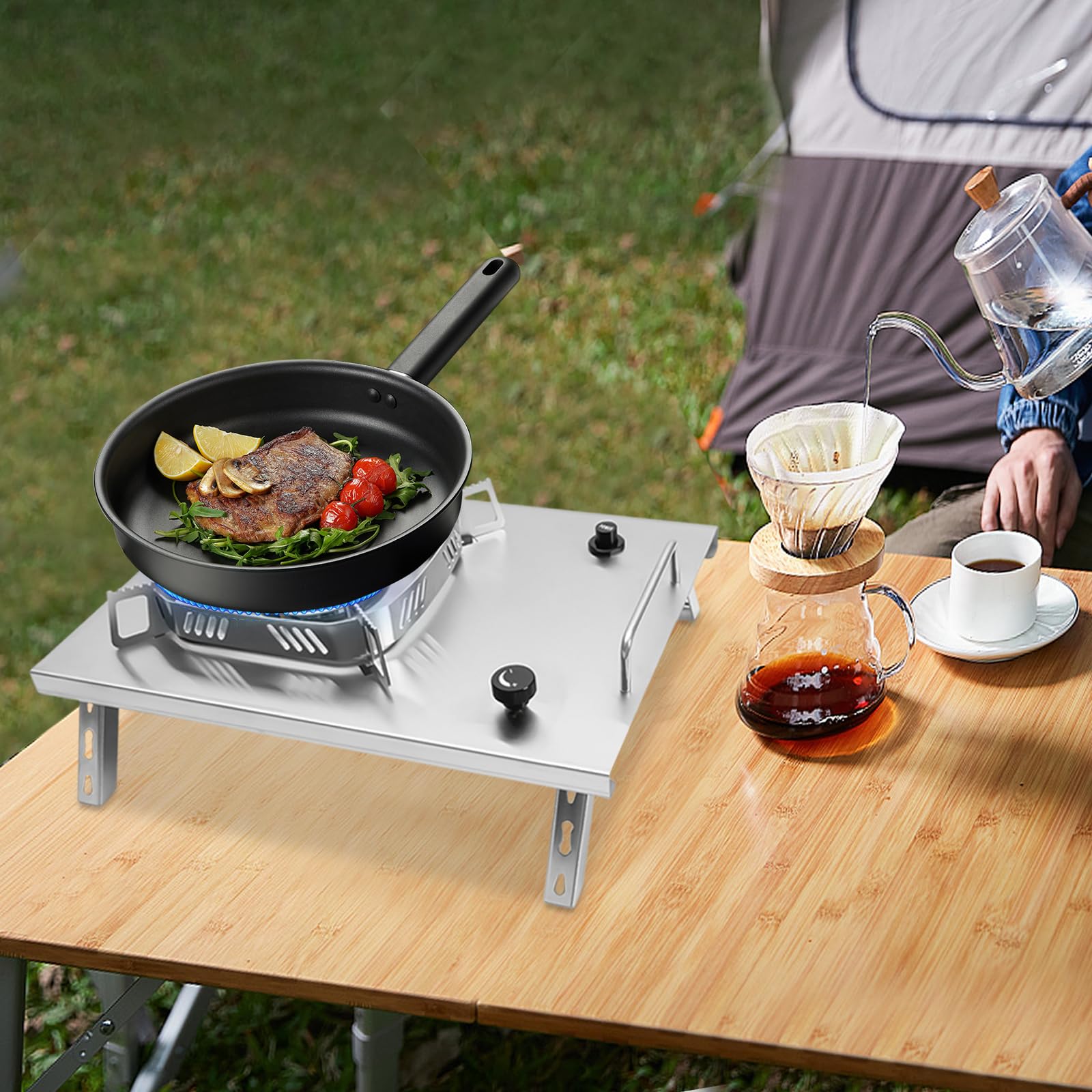 Hornillo de gas para camping de acero inoxidable, 2600 W, incluye manguera de 50 cm y adaptador de embrague, hornillo de gas de 4 patas, para camping y exteriores, viajes de autocaravana