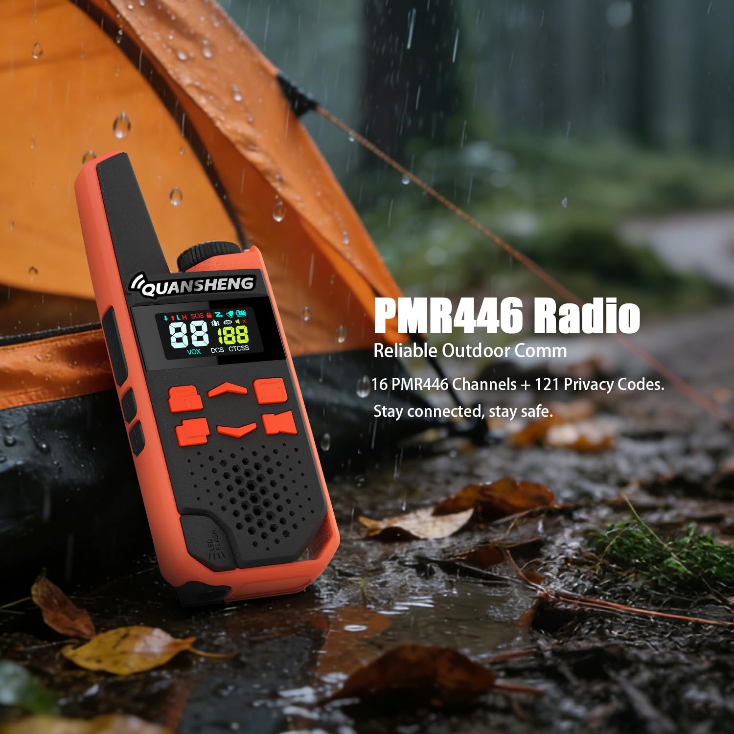 QUANSHENG TG-FR1 Walkie Talkie PMR446, Pack de 2 Radios sin Licencia, Recargables por USB-C, 16 Canales, VOX Manos Libres, hasta 10 km en Campo Abierto, para Senderismo, Camping y Trabajo