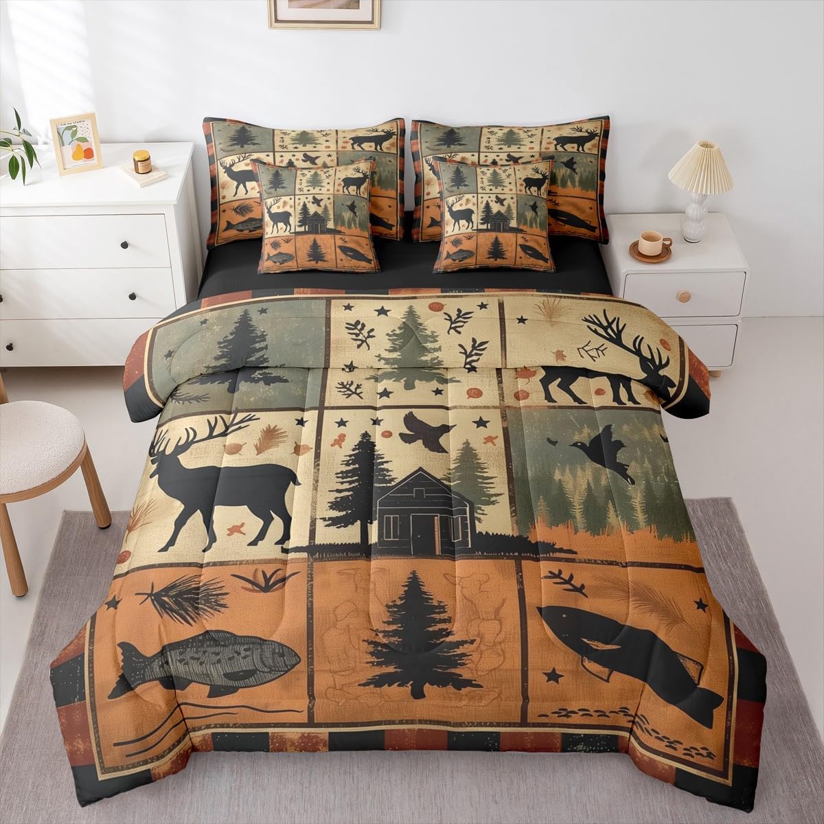 Feelyou Retro Rustic Lodge Deer Twin Comforter Set with Sheets Spliced Grid Patterned 7 Pieces Bedding Set Fish and Birds Plant Print Bed in a Bag Nature Wildlife Deer Room Decor Farmhouse