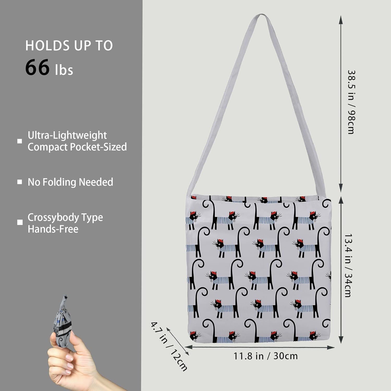 BeeGreen Black and Grey Cat Ultimate Crossbody Tote Bag - Reusable Grocery Shopping Bag - Foldable Compact Portable Sturdy Bags - Image 2