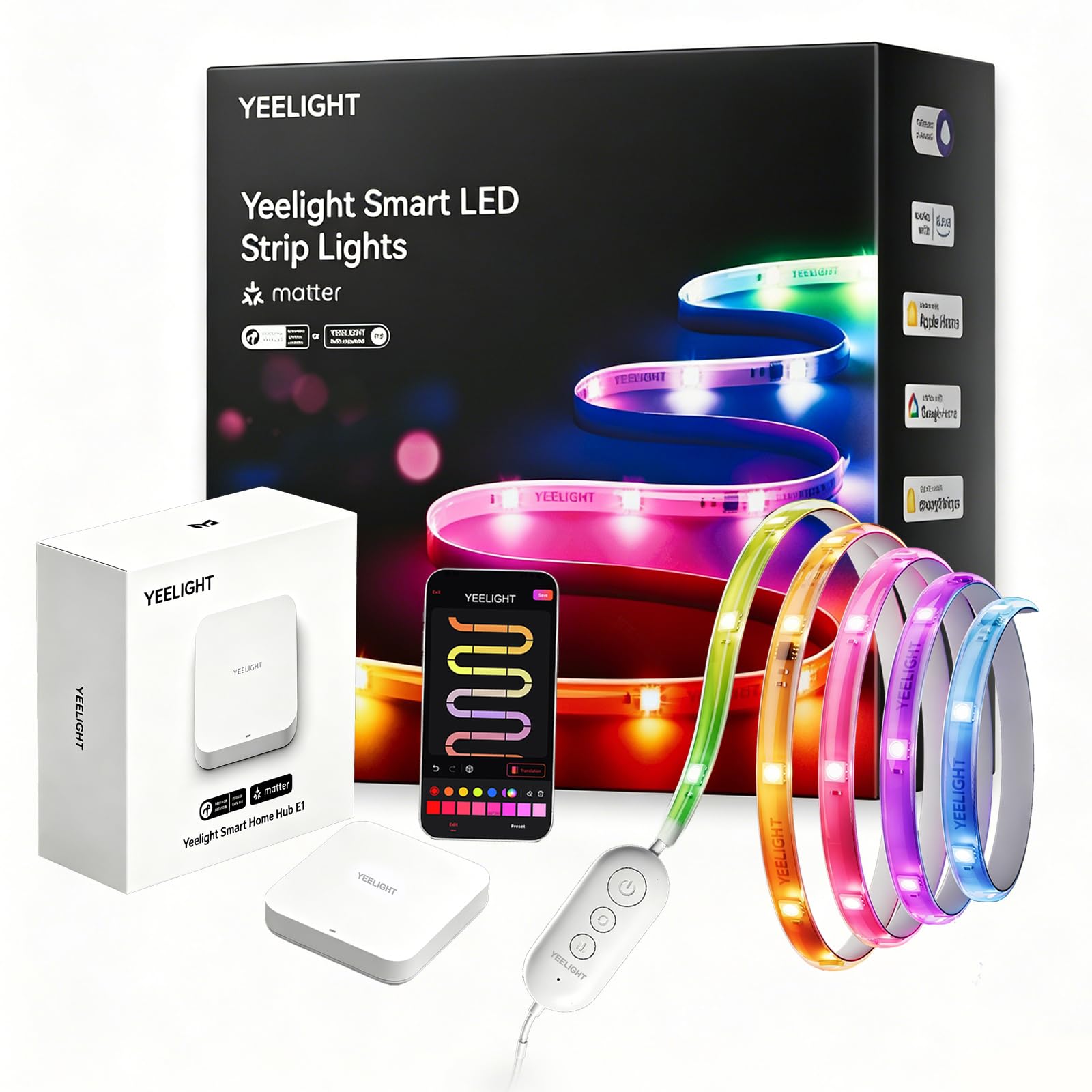 Yeelight Hub E1 y Tira LED RGB+IC 20M, Matter over Thread, Control por App, Escenas y Automatizaciones, Segmentación de Color, Modo Música, Compatible con Apple Home, Alexa, Google Home y SmartThings