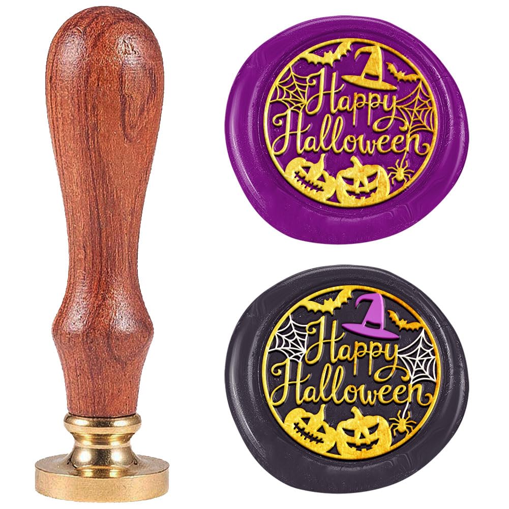 DELORIGIN Happy Halloween Wax Seal Stamp Vintage Sealing Stamps 1" Removable Brass Head Seal Stamp with Wooden Handle for Envelope Greeting Card Letters Halloween Invitations Bottle Gift Wrapping