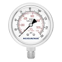 Vista 28 de MEASUREMAN - Medidor de presión hidráulico completamente de acero inoxidable con relleno de glicerina, esfera de 2.5 pulgadas, 0-30 psi/kpa, montaje