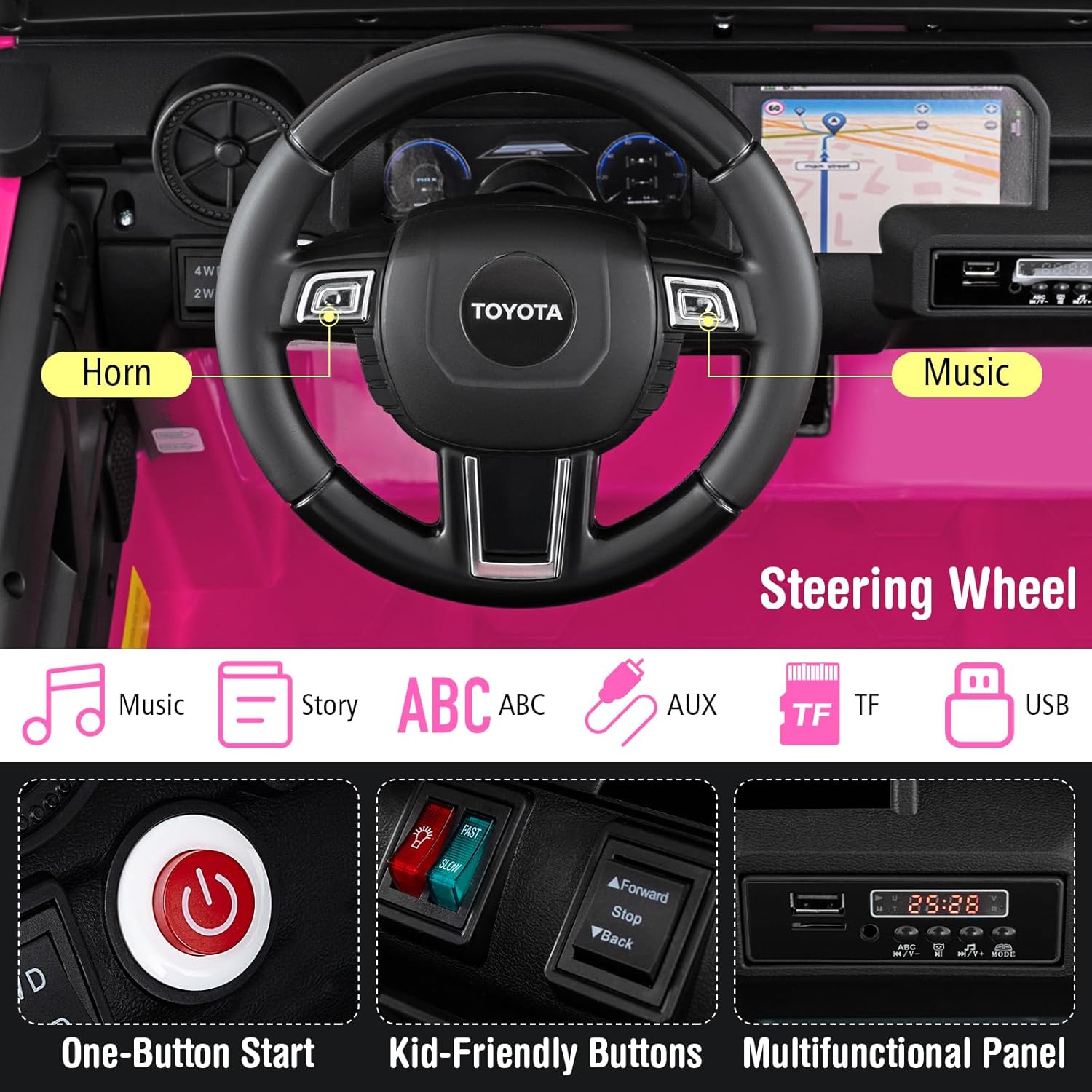 Costzon 24V 2 Seater Ride on Car for Kids, 4WD/2WD Switchable Licensed Toyota LC250 Ride on Truck w/Remote, Shovel, Music & Sounds, Electric Vehicle w/4-Wheel Spring Suspension for Ages 3+ (Pink)