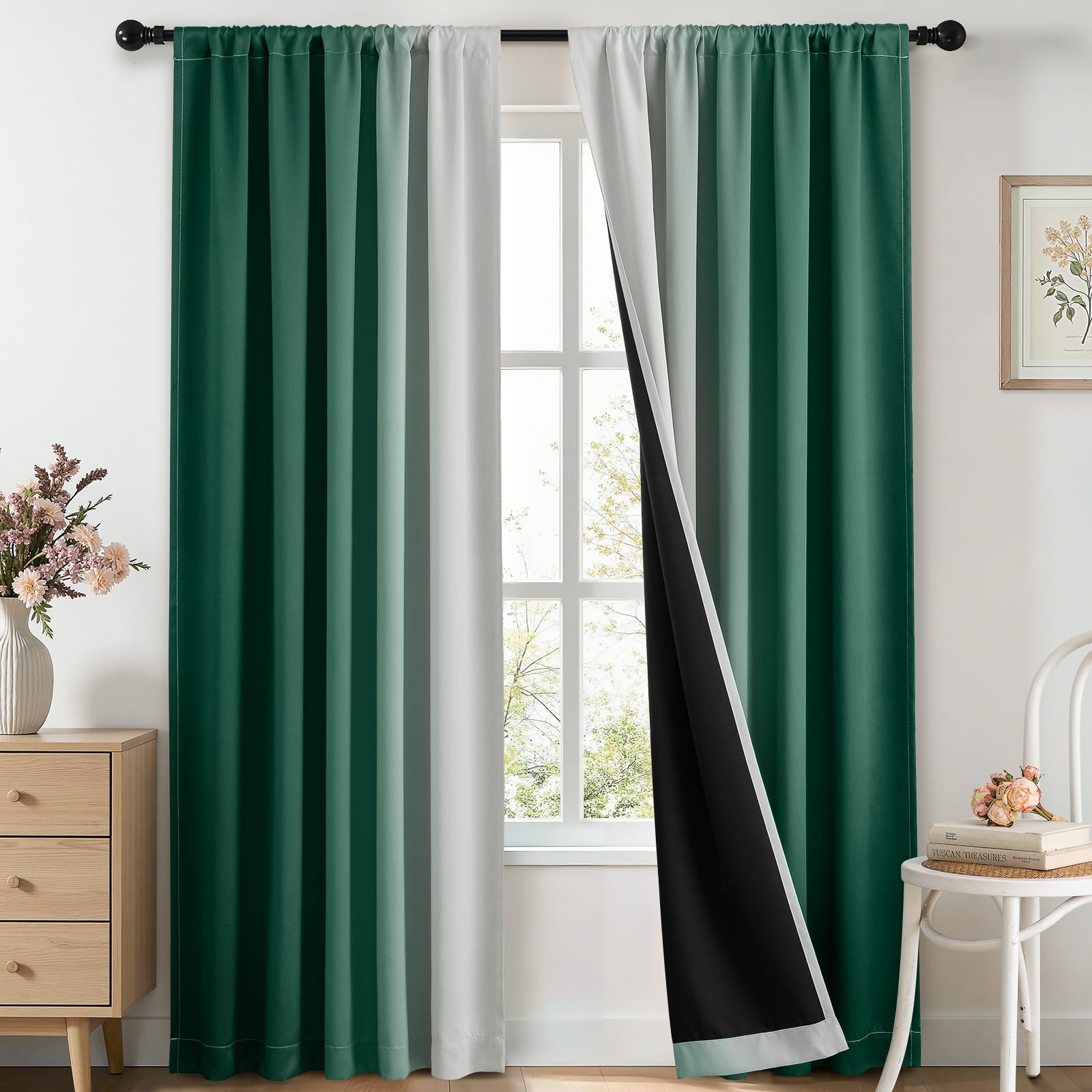 Yakamok 100% Blackout Curtains 84 inches Long, Room Darkening Dark Green and Greyish White Curtains Ombre for Bedroom,Gradient Rod Pocket Window Curtains for Living Room,2 Panels,52x84 inch — image 1