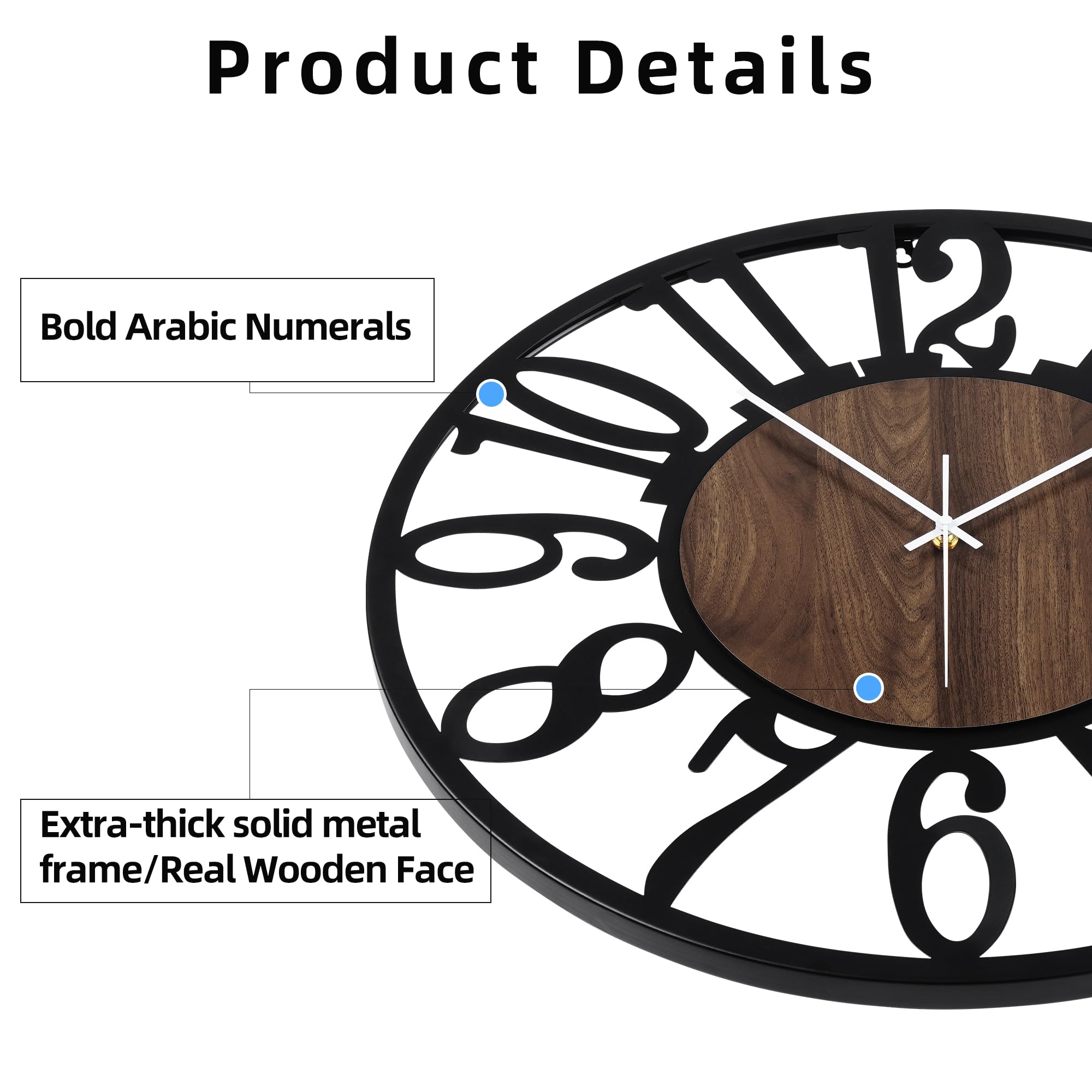 Leuchtende Wanduhr Geräuschlos – 50 cm Große Batteriebetriebene Uhr mit Nachtlicht, Ohne Ticken, LED Licht im Dunkeln, Moderne Metall Wanduhr in Holzoptik für Wohnzimmer Schlafzimmer Küche