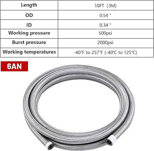 Miniatura 5 de Piodelo Kit universal de manguera de línea de combustible CPE 6AN CPE de 10 pies, 38 pulgadas, nailon trenzado de acero inoxidable, manguera de