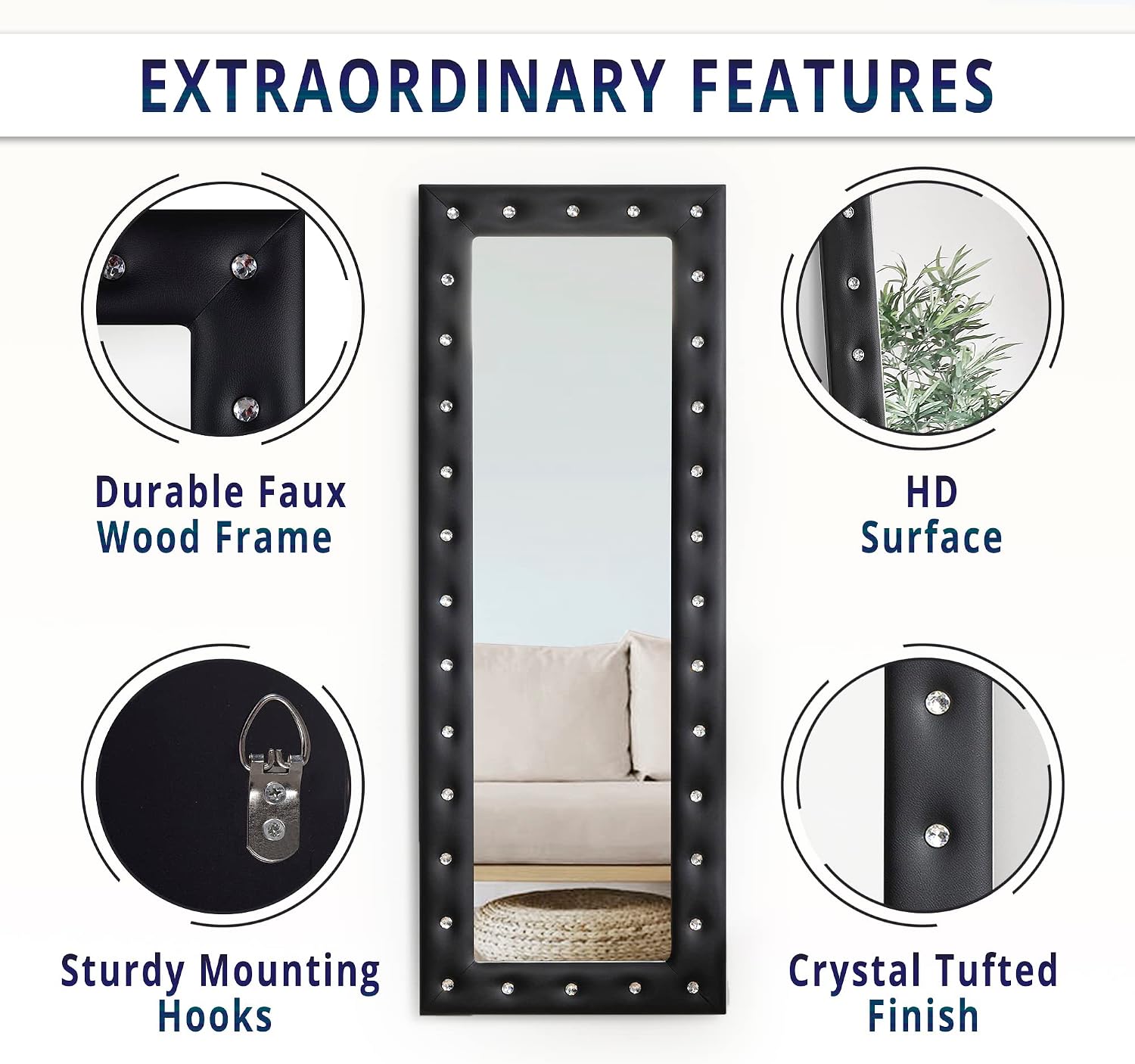 Crystal Tufted Full Length Mirror for Home, 63"LX22"W Hanging or Leaning Vanity Mirror, Full Body Mirror For Bedroom, Large Mirror With Faux Wood Frame, Wall Mirror/Floor Mirror For Living Room- Black