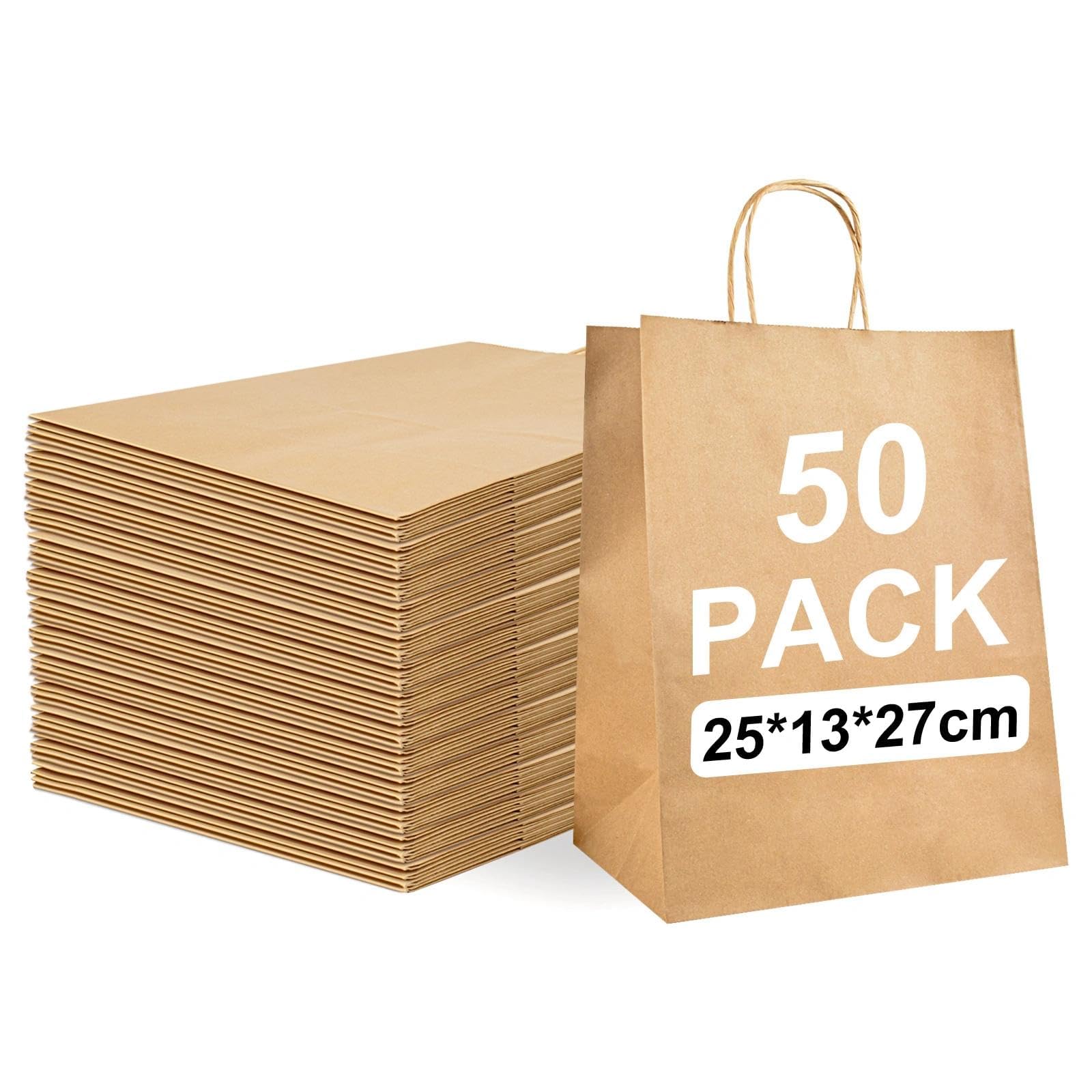 50 Pcs Brown Paper Bags With Handles, 130GSM(25×13×27cm), Eco-Friendly Kraft Bags for Shopping, Party Favors & Merchandise