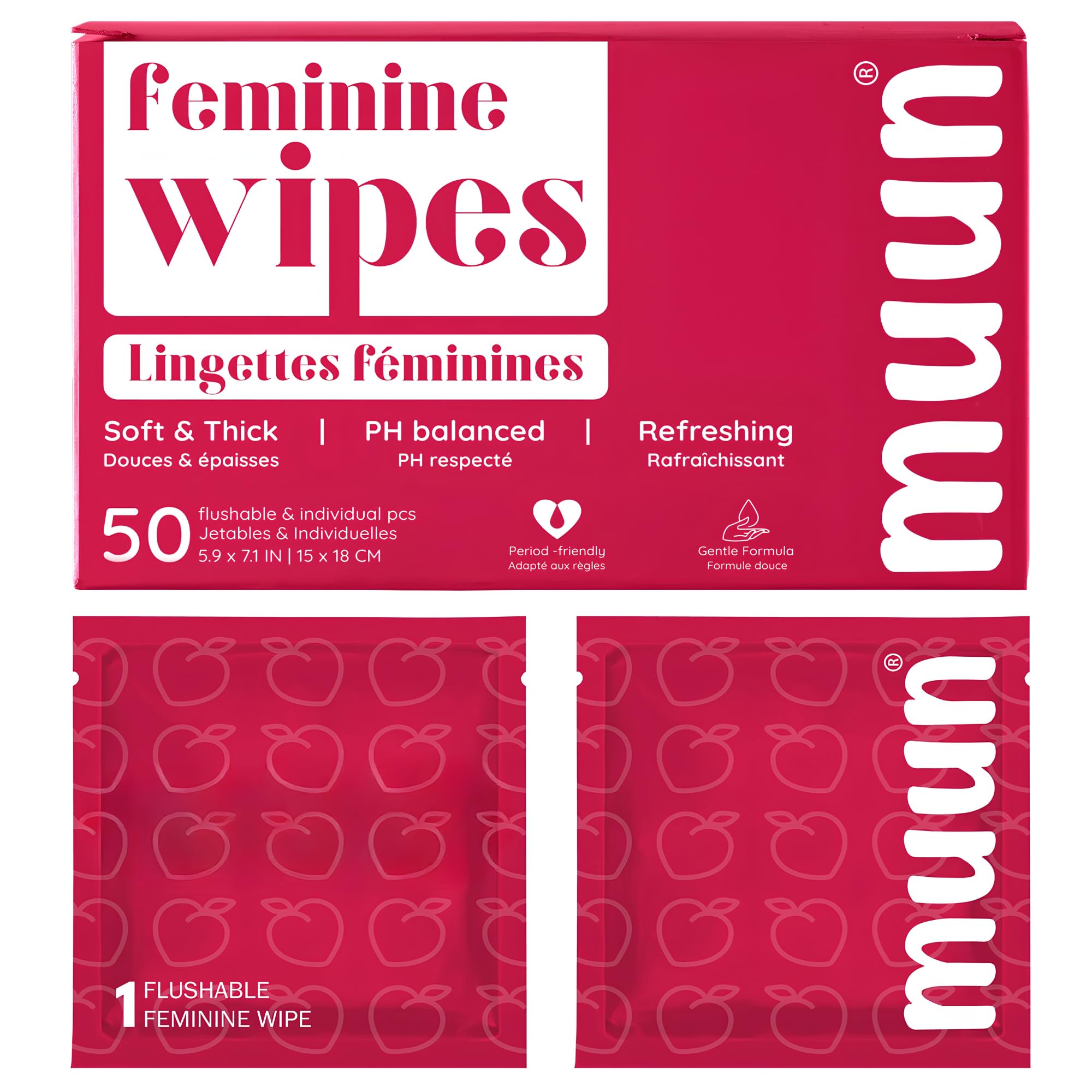 Wipes Feminine Fresh Reinigungstücher, spülbar, einzeln verpackt, feminine Reinigungstücher, reisefreundlich, pH-ausgewogen (50 Stück)
