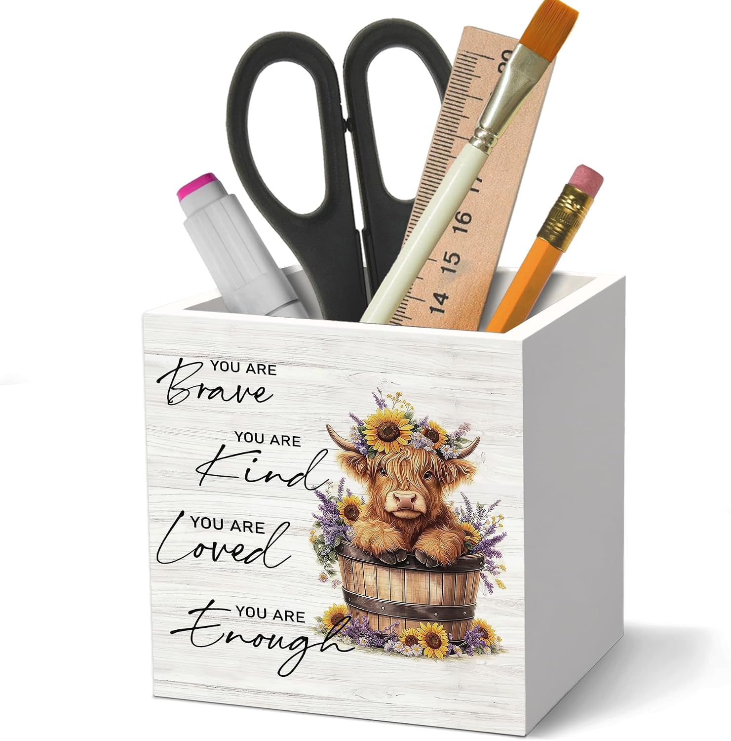 Inspirational Highland Cow Pen Holder Organizer for Desk Accessories