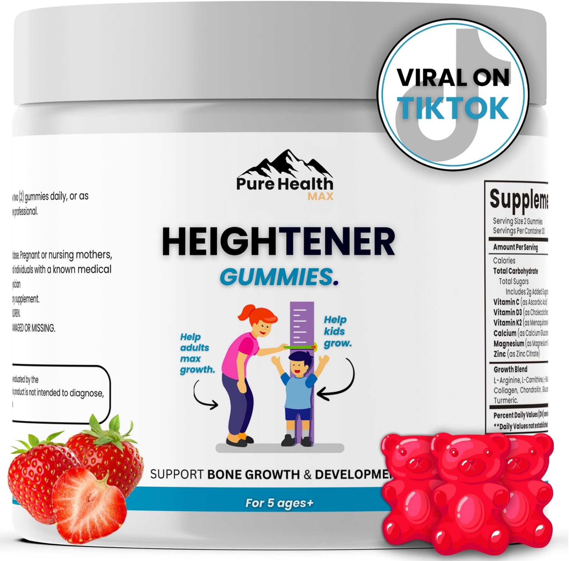Heightener Gummies - Natural Height Growth Supplement for Kids, Teens and Adults to Increase Bone Strength and Grow Tall | Height Maximizer Pills with L-Arginine, Calcium & Zinc | 60 Gummy