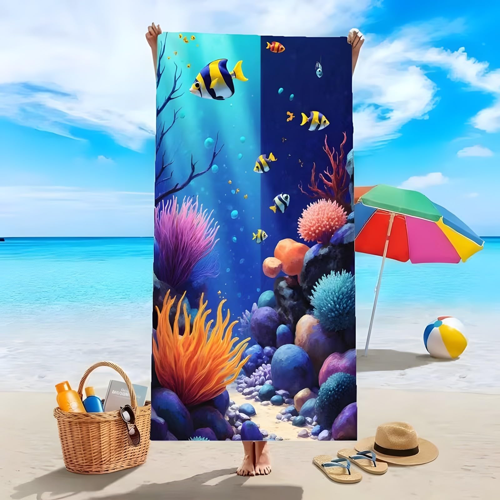 YZQGLHP Fish Microfibre Beach Towel Seaweed Beach Bath Towel Quick Drying, Lightweight, Sand-Free, Durable, for Pool, Gym, Camping, Travel Towel 70x130cm