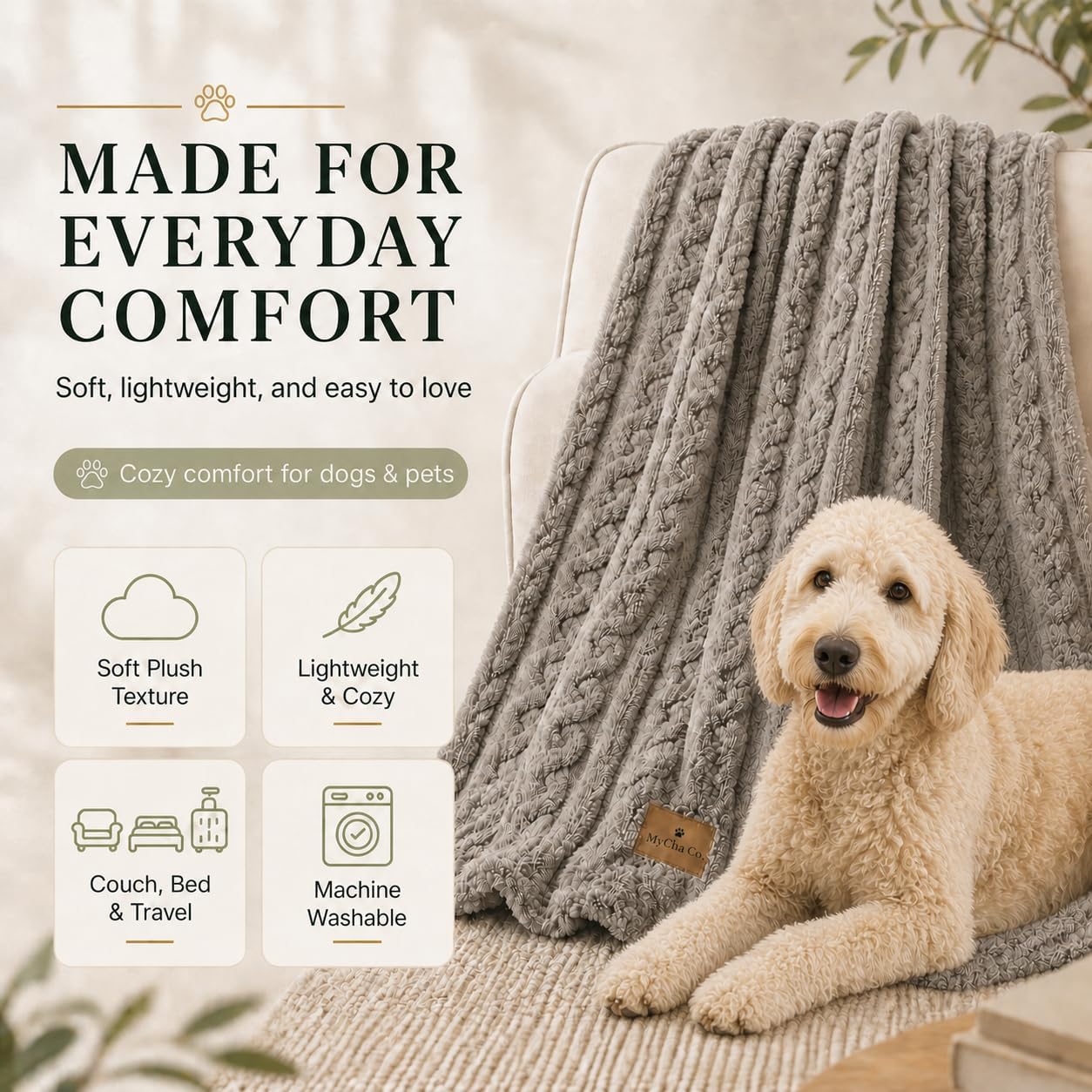 MyCha Cozy Pet Blanket, Ultra-Soft Plush Dog & Cat, Warm Mocha, 39x27.5 in | Washable, Lightweight, For Couch, Crate & Bed