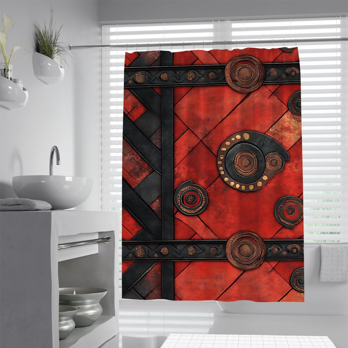 UERWOWELL Gothic Steampunk Style Shower Curtain Abstract Geometric Metallic Pattern Shower Curtain Red Black Vintage Bathroom Decor Shower Curtain W240xL180 cm