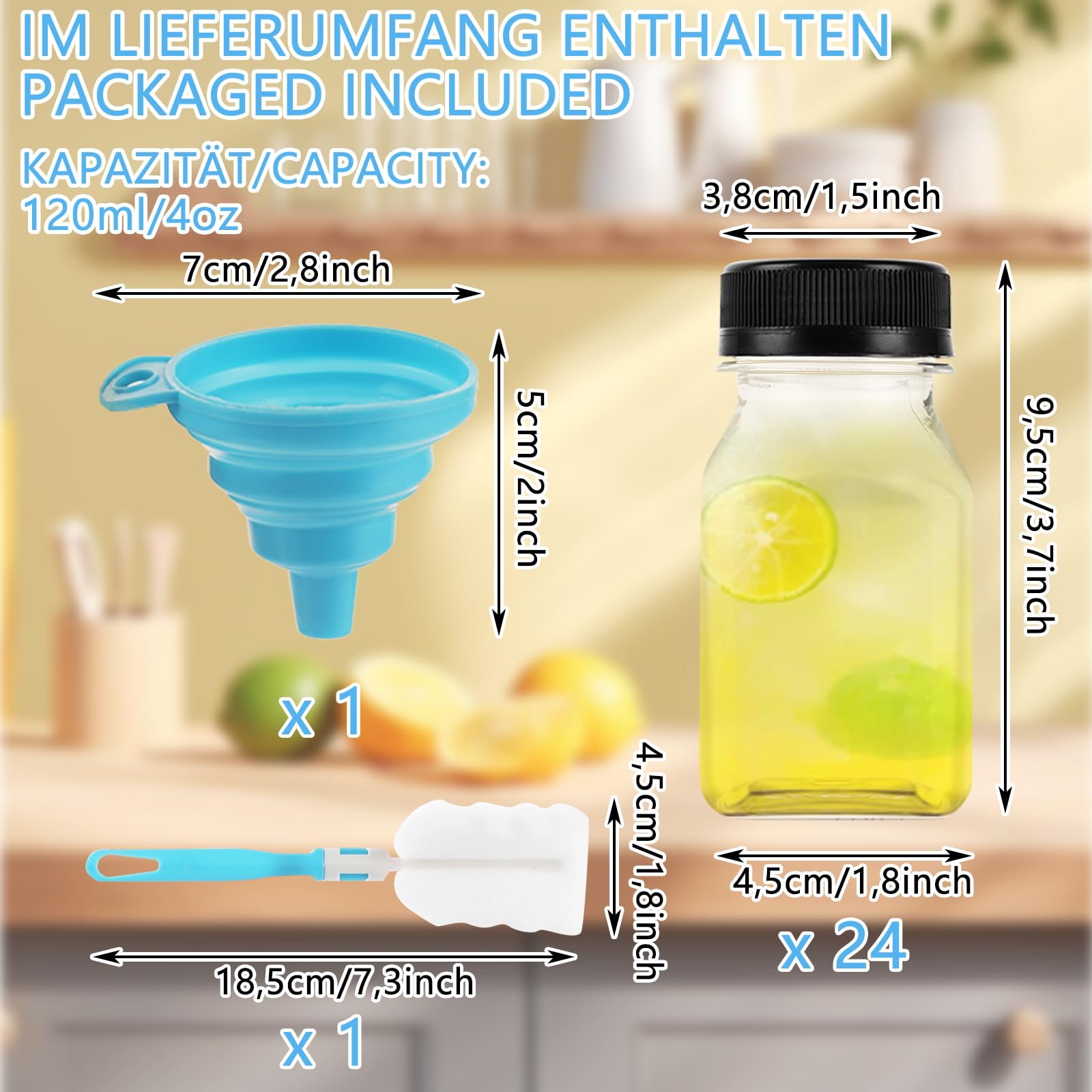 Lot de 24 mini bouteilles à remplir - 120 ml - En plastique - Avec bouchon - Pour mini réfrigérateur, lait, eau