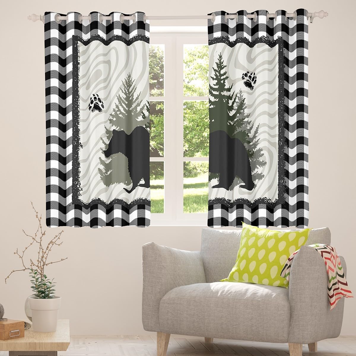 Manfei Bear Silhouette Kids Blackout Curtains,Bear Paws Pine Trees Rustic Farmhouse Window Drapes for Boys Girls Adults,Geometric Grids Vintage Window Treatments Grommet Top 2 Panel Set,38Wx45L inch