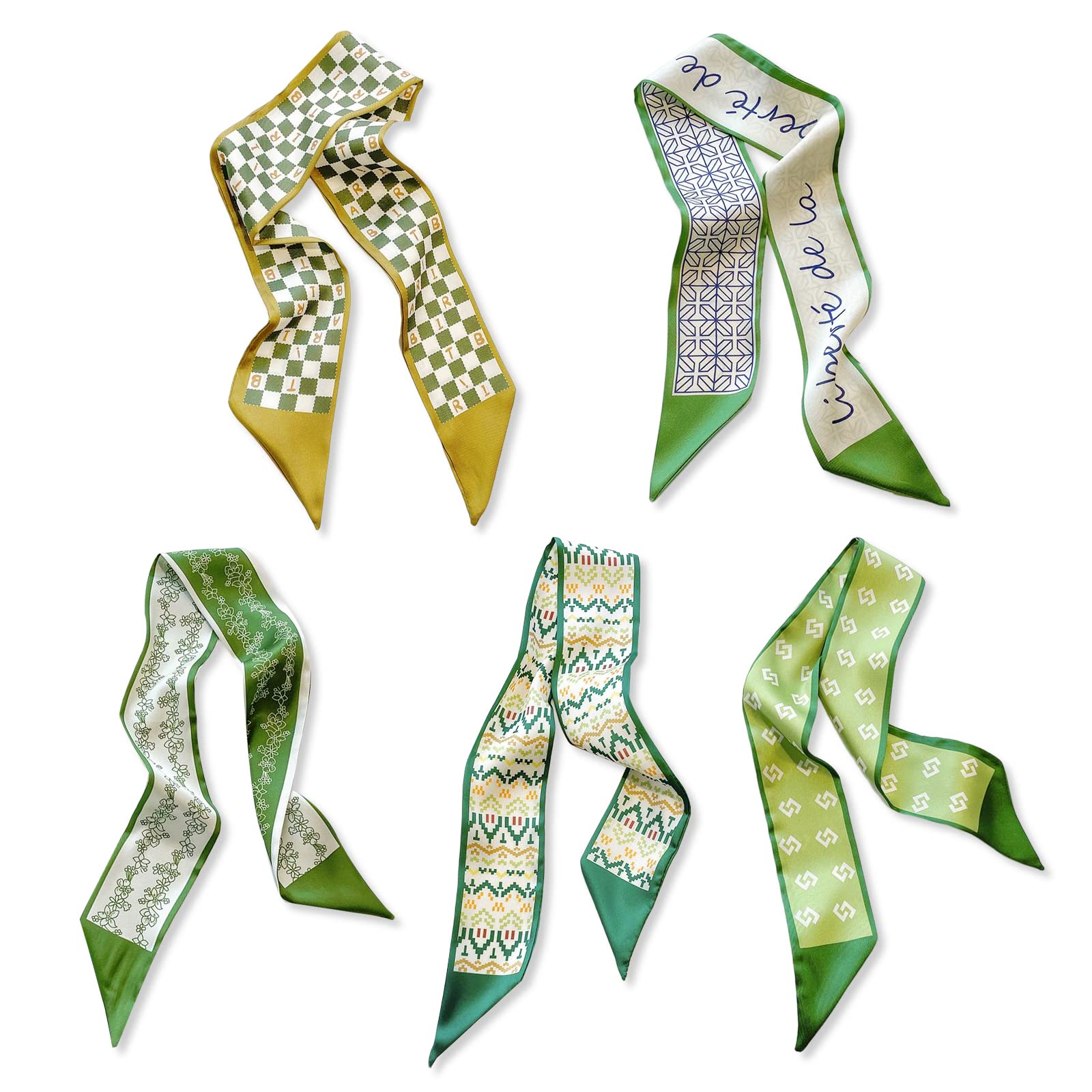 Lumisyne Women's Green 5 Packs Skinny Silk Scarf For Girls Flower Printed Geometric Checked Pattern Fresh Sweet Style Satin Scarves Narrow Long Neckerchief Headdress Handle Wrap Ribbon Scarf