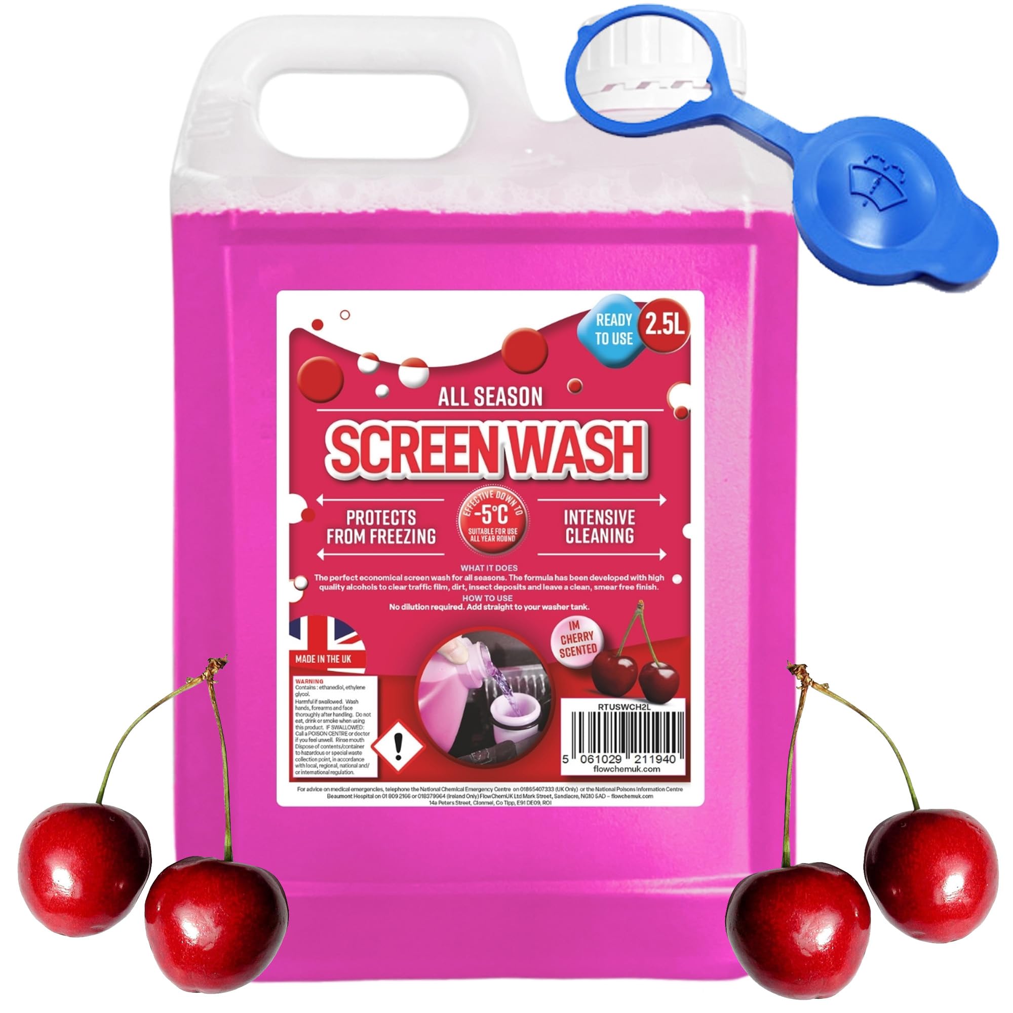 2.5L Cherry Scent All Season Screenwash Effective Down To -5°C Protects From Freezing Ready To Use (1 x 2.5 Litres)