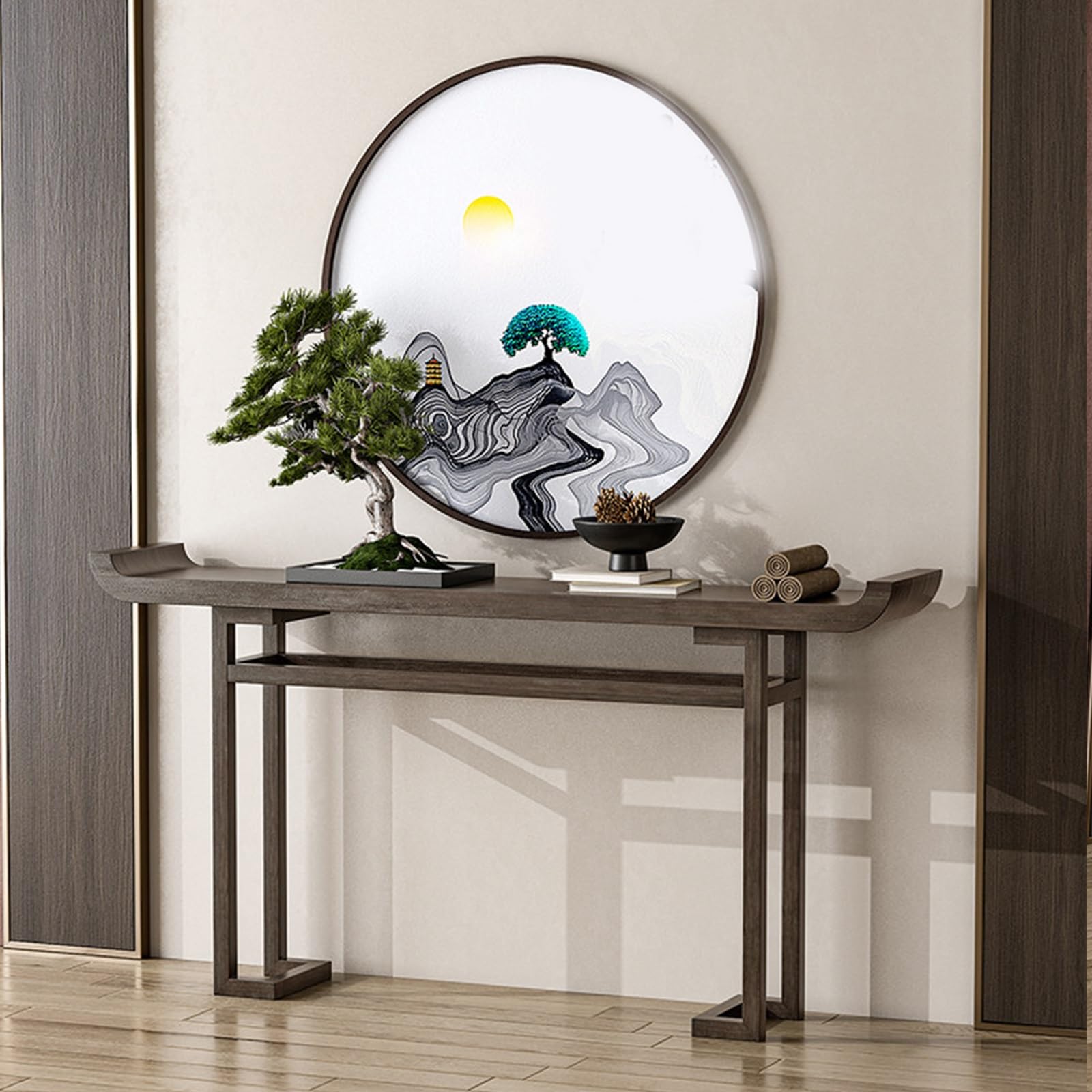 Mesa auxiliar de recibidor gris con almacenamiento y balda inferior de madera