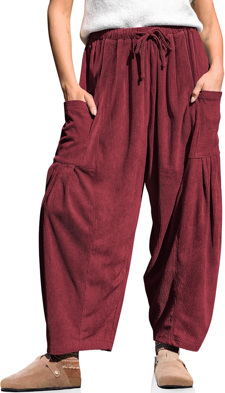 TARSE Women's Corduroy Barrel Pants Drawstring Wide Leg Pants with Pockets