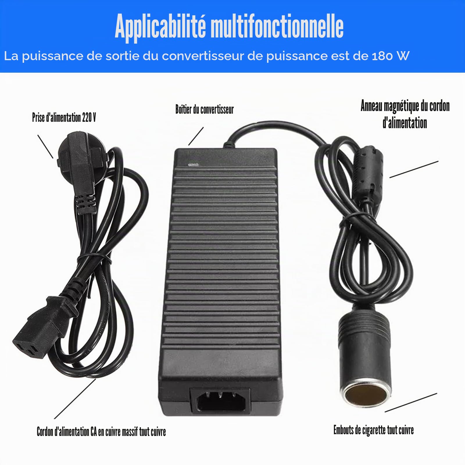 Convertisseur de tension 220 V vers 12 V : 180 W/15 A Adaptateur secteur pour voiture, onduleur, ventilateur intégré avec adaptateur prise allume-cigare, pour glacière, réfrigérateur de voiture (180