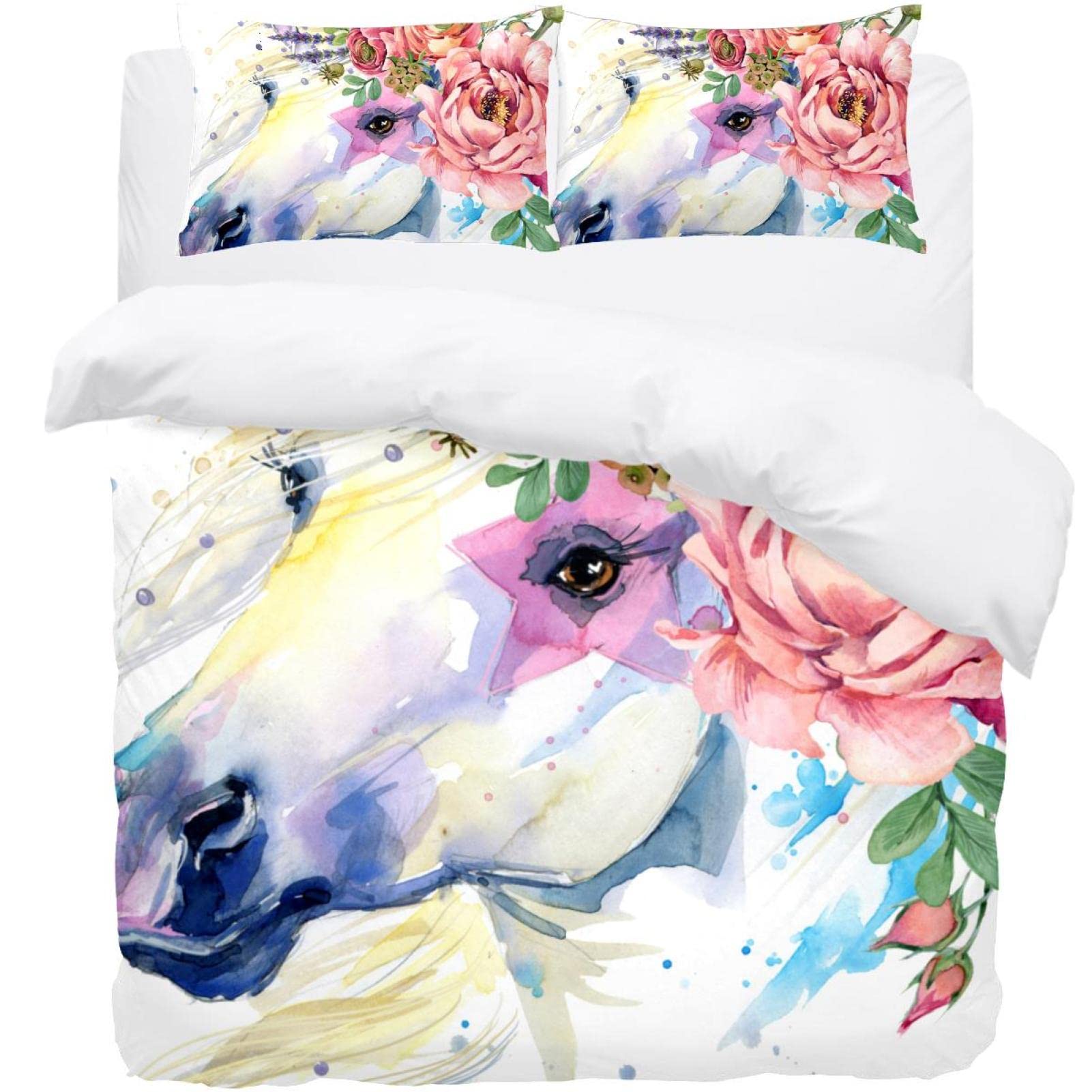 Housse de couette et 2 taies d'oreiller licorne parure de lit enfant 140x200