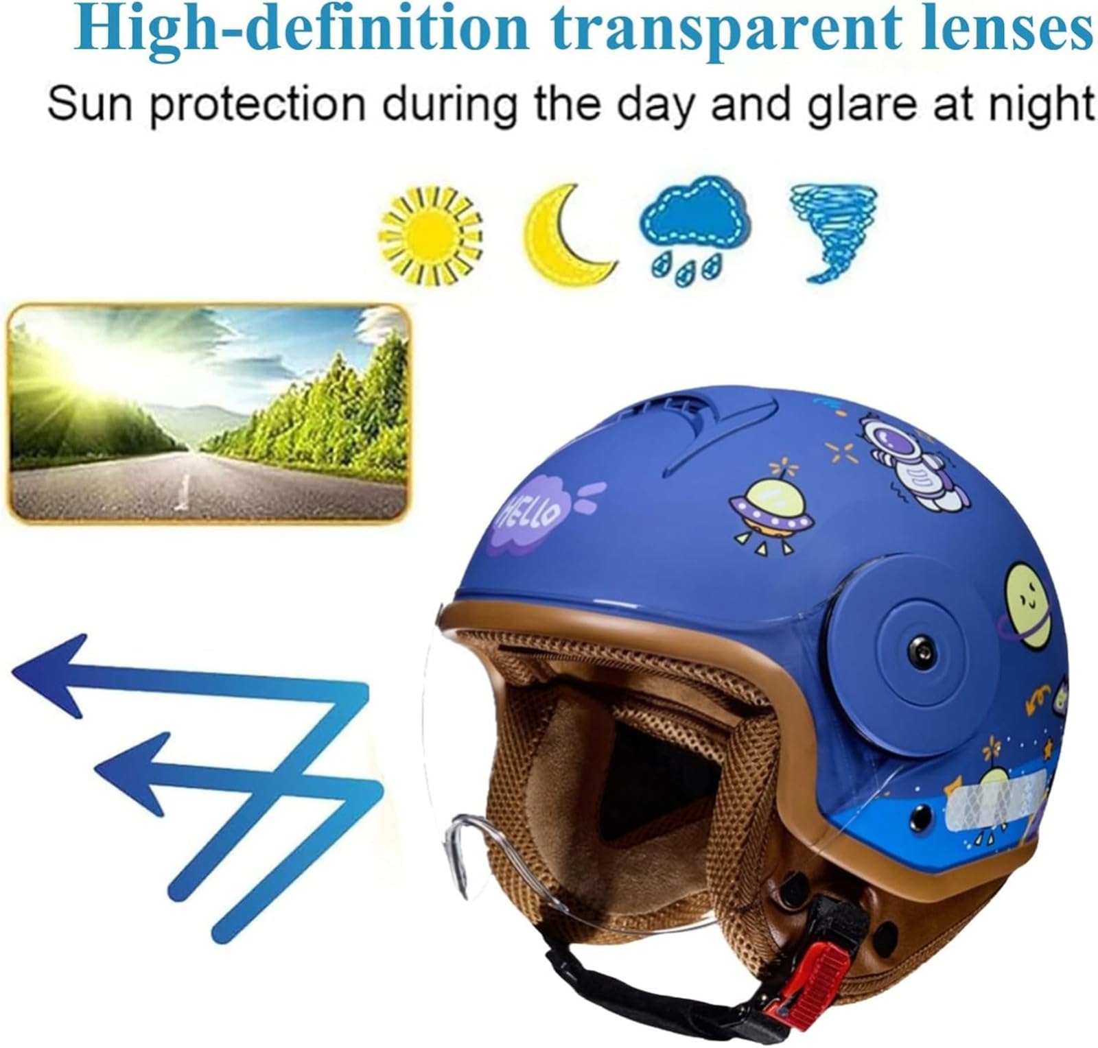 Kask dziecięcy, otwarty kask motocyklowy dla dzieci z wizjerem, regulowany kask na skuter, cruiser, motorower dla chłopców i dziewcząt w wieku 4-12 lat, 1, (48-54 cm)