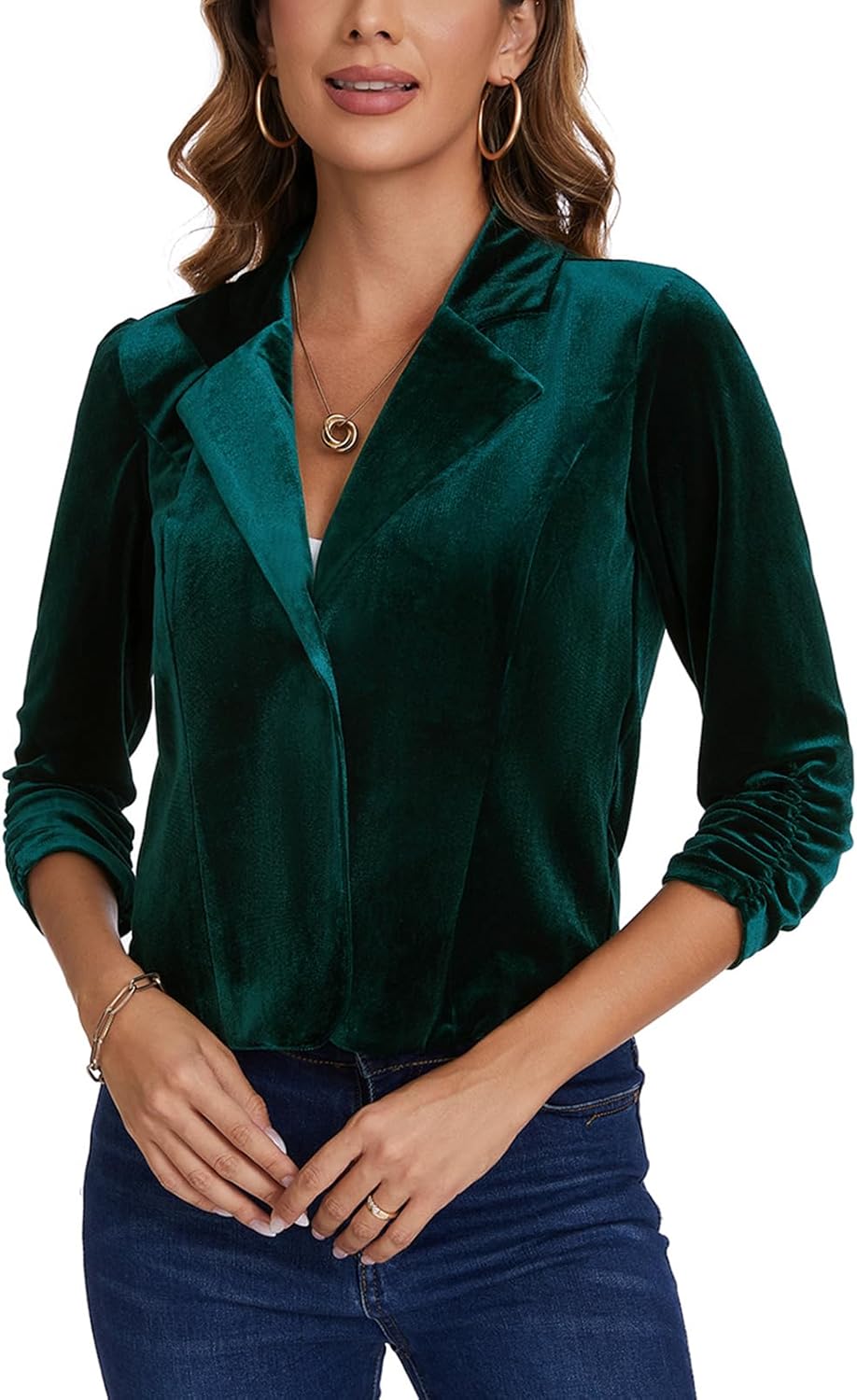 MINTLIMIT Velvet Blazer 3/4 Ruched Sleeve Notched Lapel Button Front Casual Work Office Blazer Jackets - Image 6