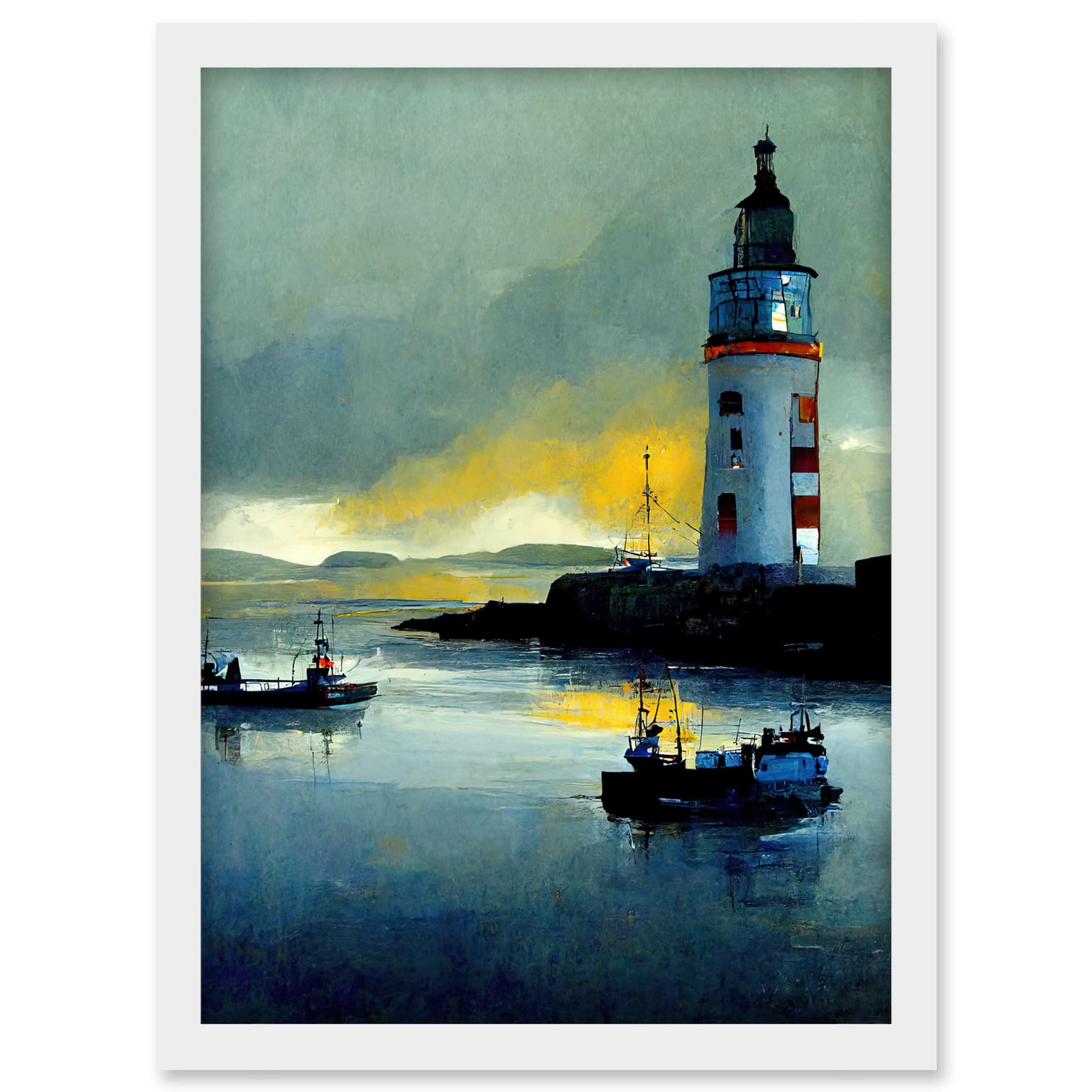 Doppelganger33 LTD Scottish Harbour Fishing Boats Lighthouse Modern Artwork Framed A3 Wall Art Print