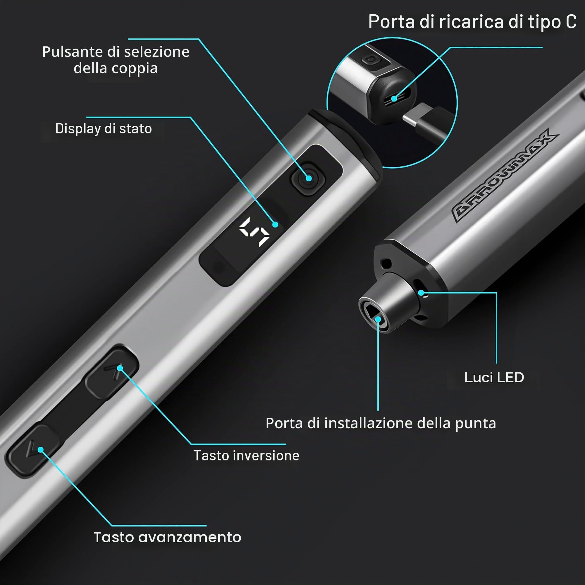 ARROWMAX Mini cacciavite elettrico, 60 in 1, set di cacciaviti elettrici di precisione con punte magnetiche, 5 modalità di coppia, kit di strumenti cacciavite senza fili per riparazione di telefono