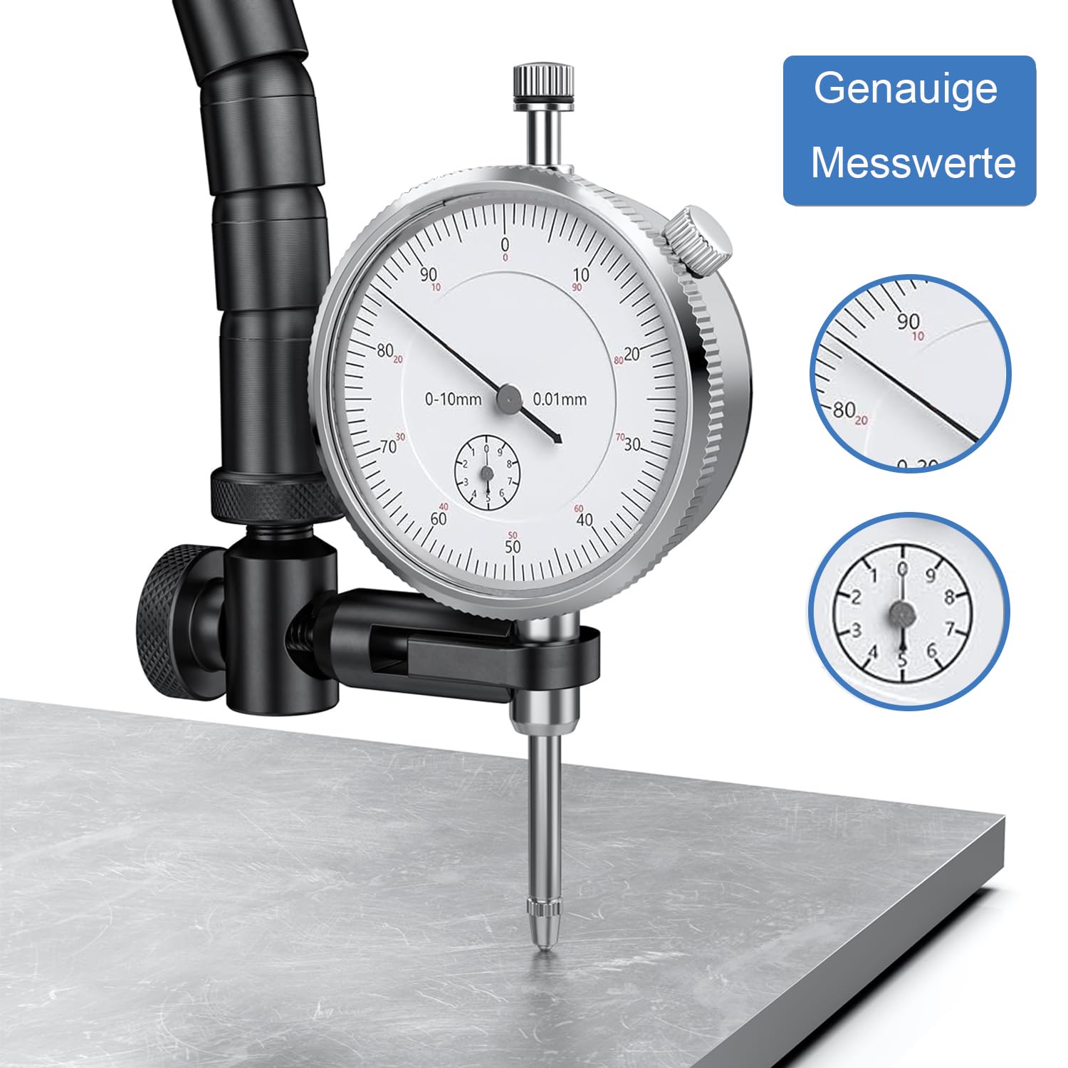 Präzisions-Messuhr mit Magnetstativ, Mechanisch Messuhr 0-10mm Messbereich, 0,01mm Genauigkeit, Stahlbasis mit Zentralklemmung (80kg Haltekraft) – Ideal für Werkstatt & Industrie