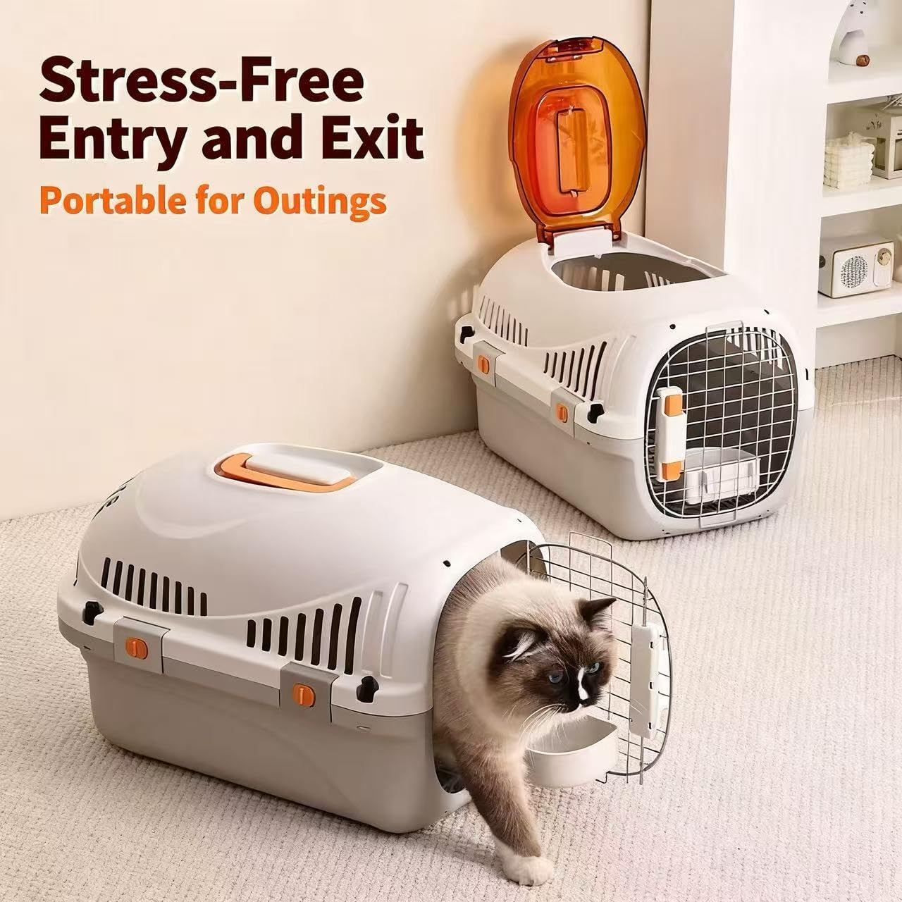 Hard Cat Carrier Top Load Sturdy Plastic Pet Travel Kennel with Roof Petting Hatch Metal Wire Door,360°Ventilation Hard Shell Crate Two-Door Plastic Pet Kennel,Portable for Cats Small Dogs (Orange)