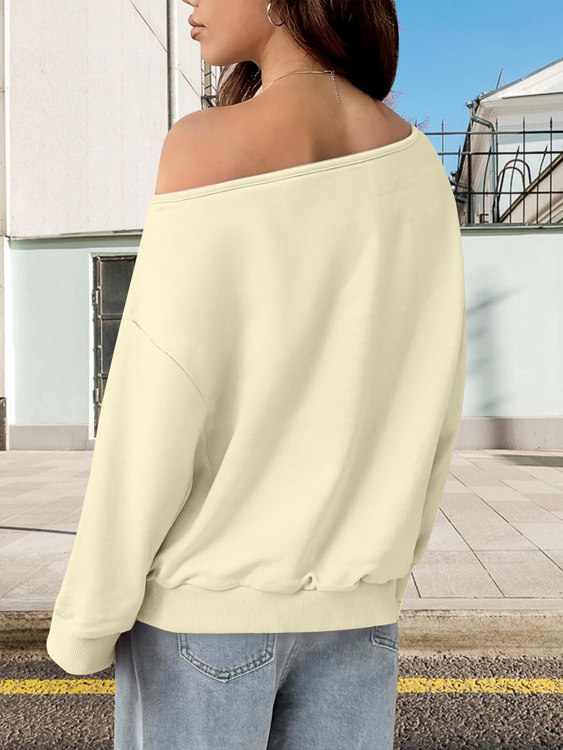 MYHALF Off the Shoulder Sweatshirt for Women Y2K Bow Graphic Pullover Tops Drop Shoulder Long Sleeve Cute Sweaters - Image 5
