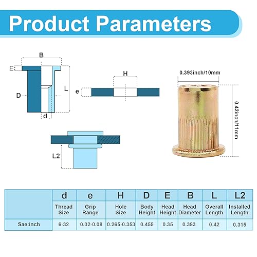 Vista 58 de Tuercas de remache, 50 piezas de 5/16 "-18 UNC, tuerca de inserción roscada de cabeza plana de acero al carbono, tuercas de cuerpo moleteadas