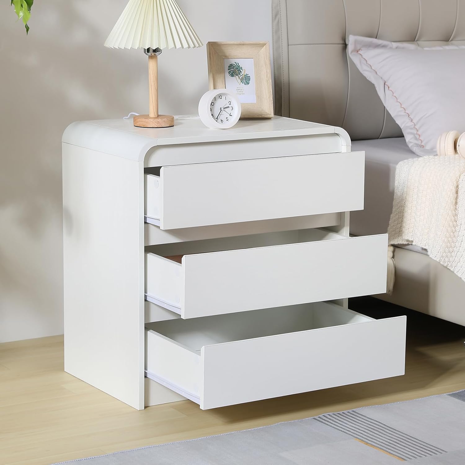 Modern Nightstands Set of 2, White Night Stand with Charging Station, Wood End Table with 3 Drawers, 23.6'' Wide Bedside Cabinet for Bedroom