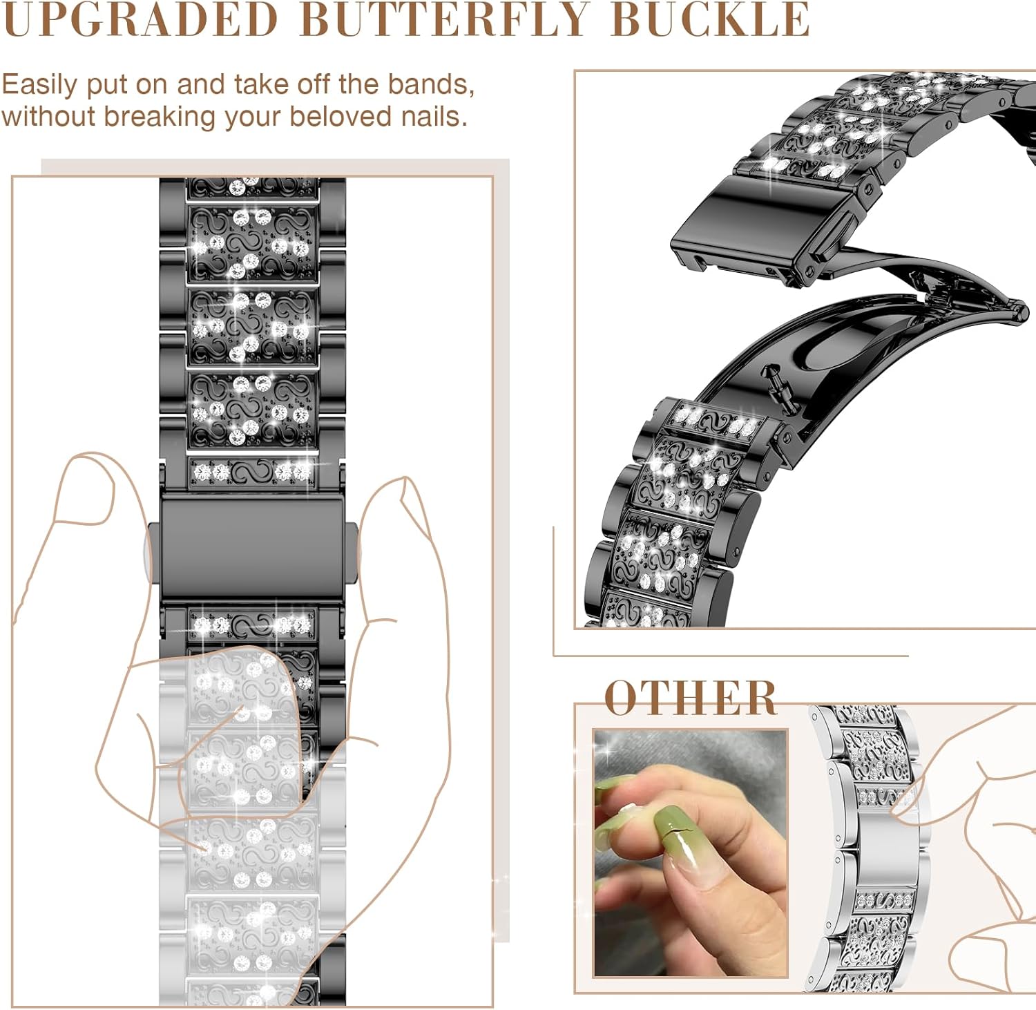 MARGE PLUS Compatible with Apple Watch Bling Band Women 38mm 40mm 41mm 42mm Series 11 10 9 8 7 6 5 4 3 2 1 SE, Upgraded Sparkle Replacement Bracelet iWatch Band, Diamond Rhinestone Stainless Steel Metal Strap