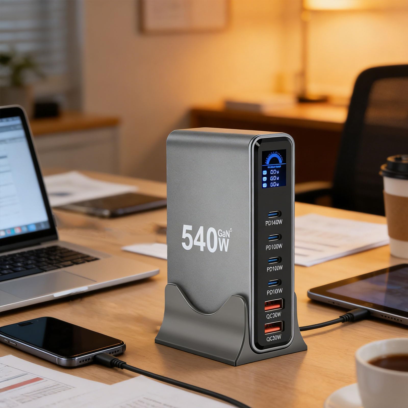 Station de charge USB de bureau avec écran LCD intelligent 540 W/670 W - Station de charge rapide USB pour tablette, smartphone, écran LCD, plusieurs ports, appareil rapide