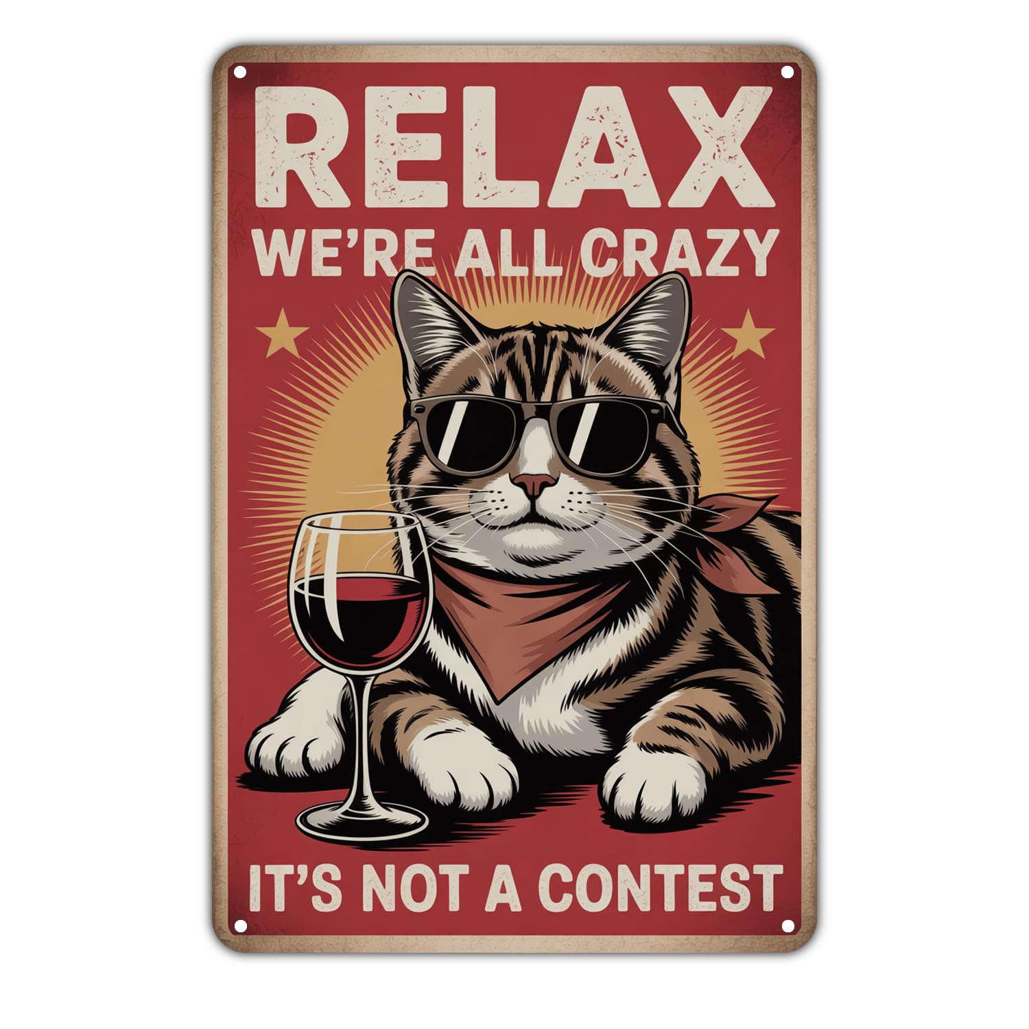 Relax Crazy Cat Tin Sign Vintage Funny Cat With Wine Metal Sign Print Aesthetic Metal Tin Sign 8X12 Inch